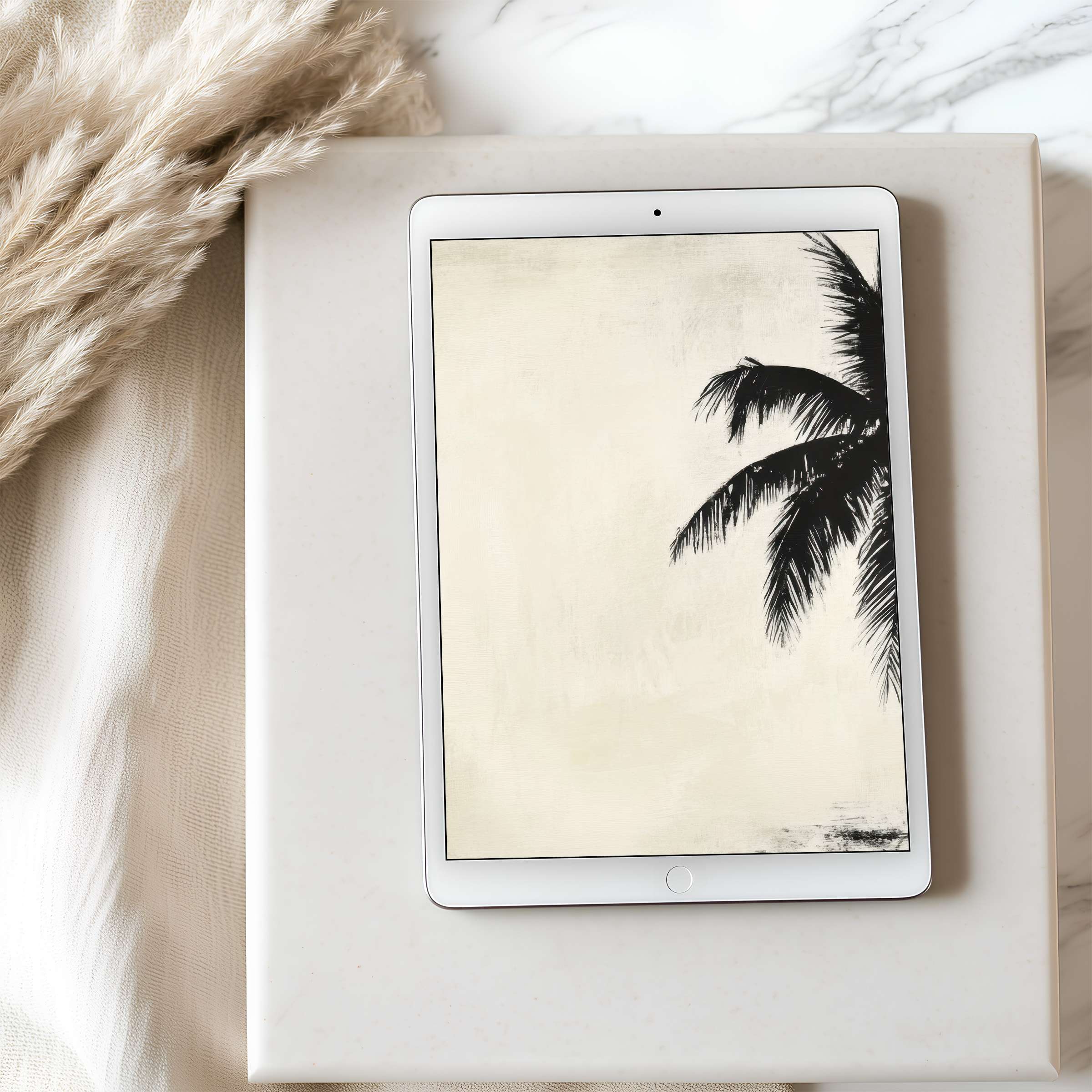 Elegant black and white palm motif tablet wallpaper inspires calm vibes in high resolution perfect for iPad and Android downloads