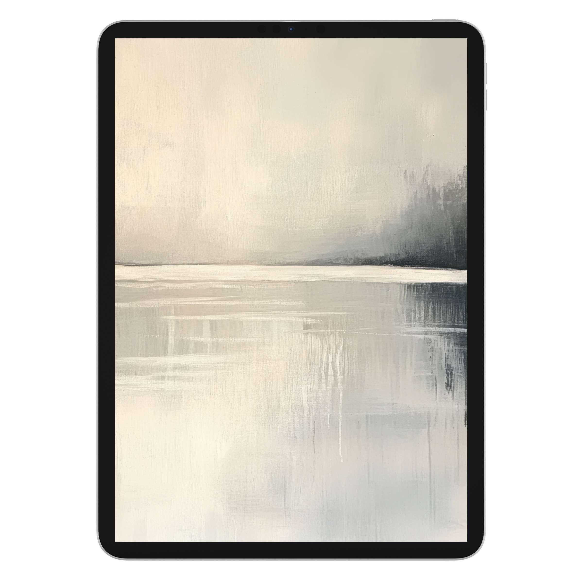 Neutral iPad wallpaper with serene misty landscape, perfect tablet background for calm digital download, elegant and reflective art