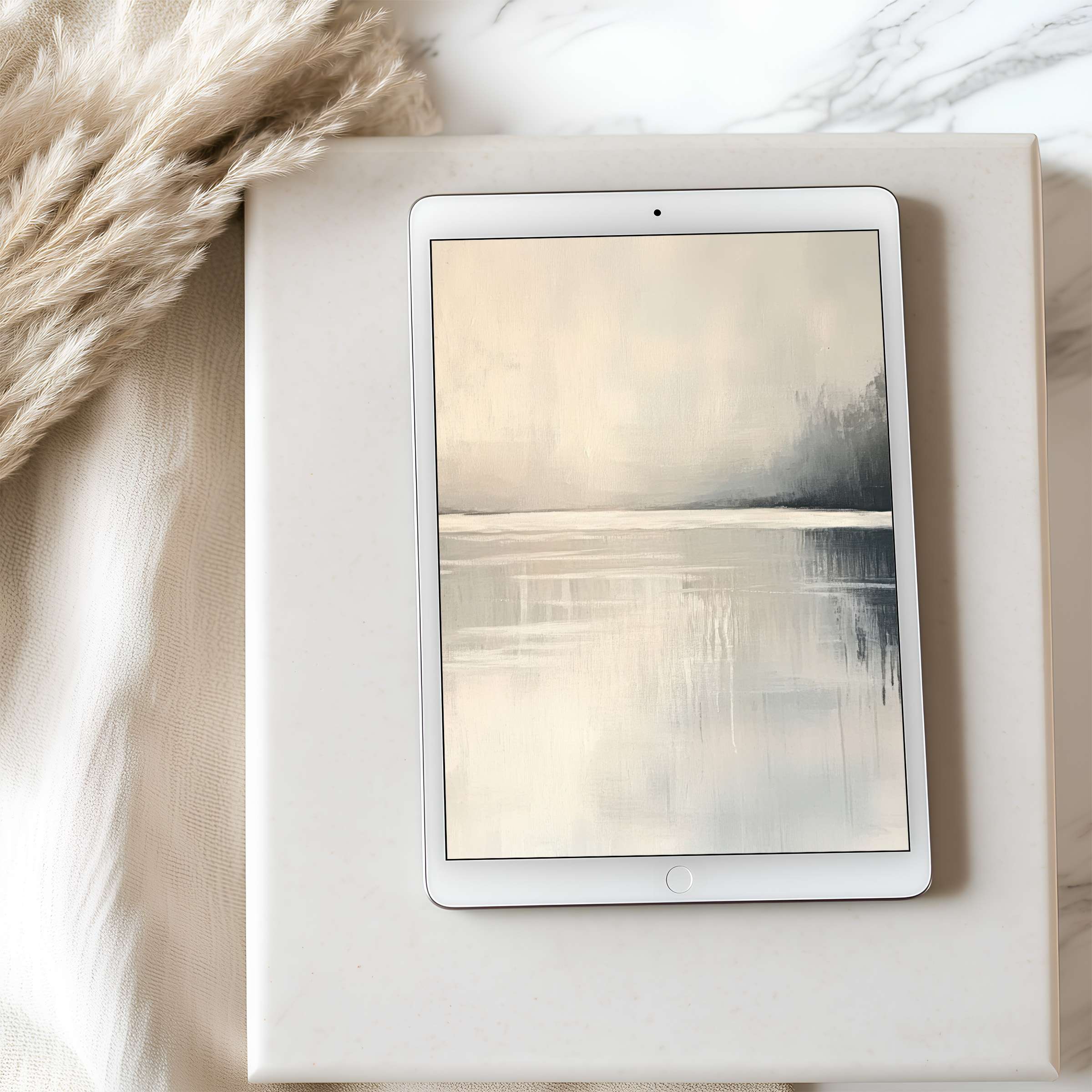 Serene abstract landscape tablet wallpaper in high resolution features calming neutral tones, perfect for iPad and Android digital download