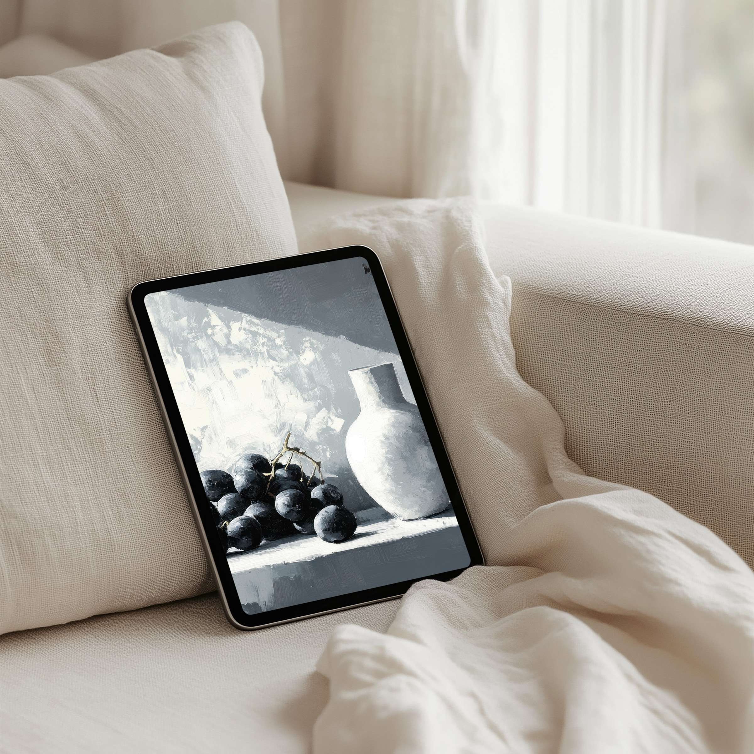 Elegantly styled iPad background featuring a serene still life in muted tones perfect for tablet display and instant download