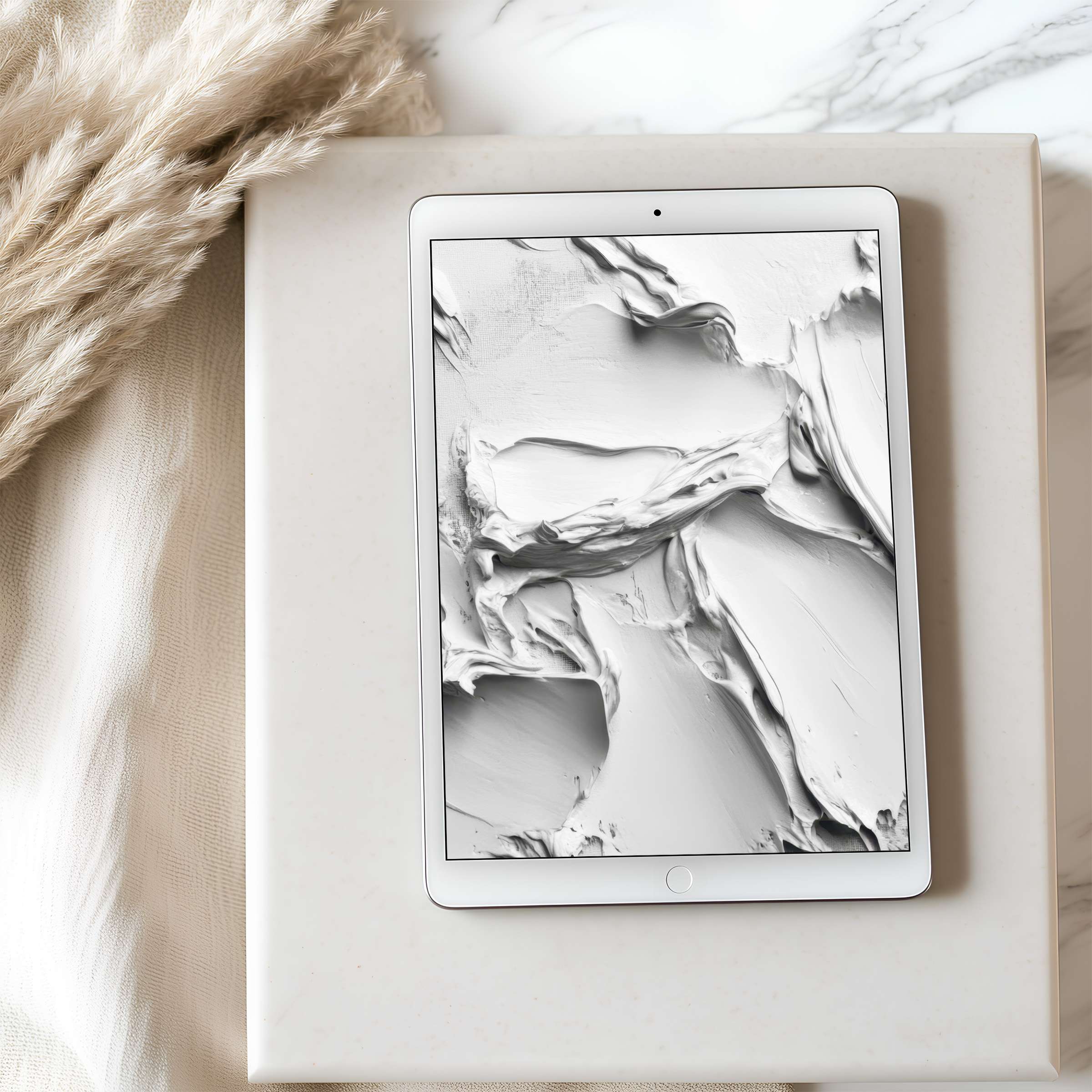 Elegant abstract art in soft whites graces tablet wallpaper, set in a serene, natural home setting, perfect for high-resolution display