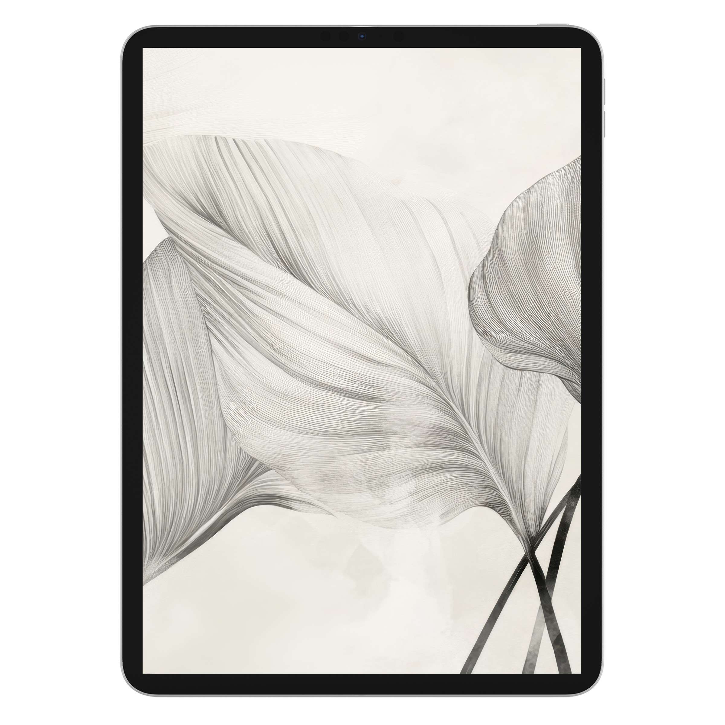 Neutral iPad wallpaper showcasing elegant pencil-drawn leaves, creating a serene tablet background for digital download and artistic flair