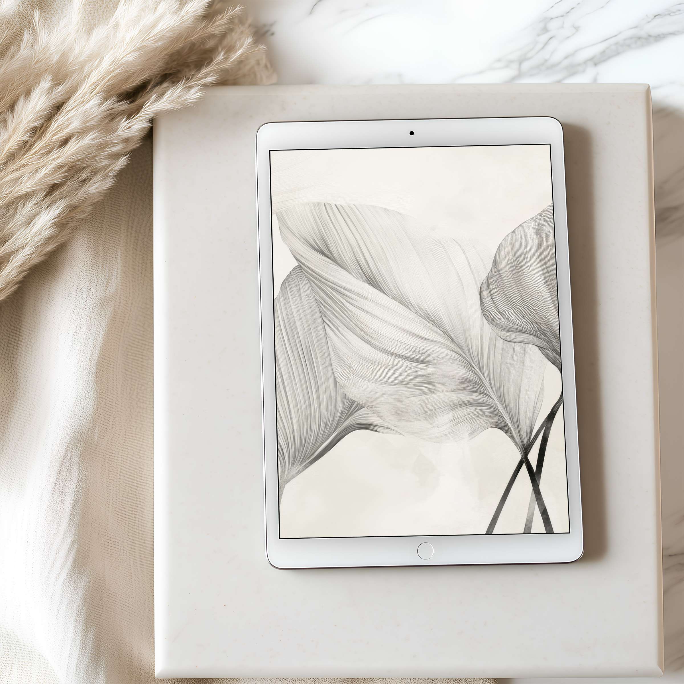 Elegant tablet wallpaper featuring serene gray botanical art, perfect for iPad or Android tablets, offering a calming digital download