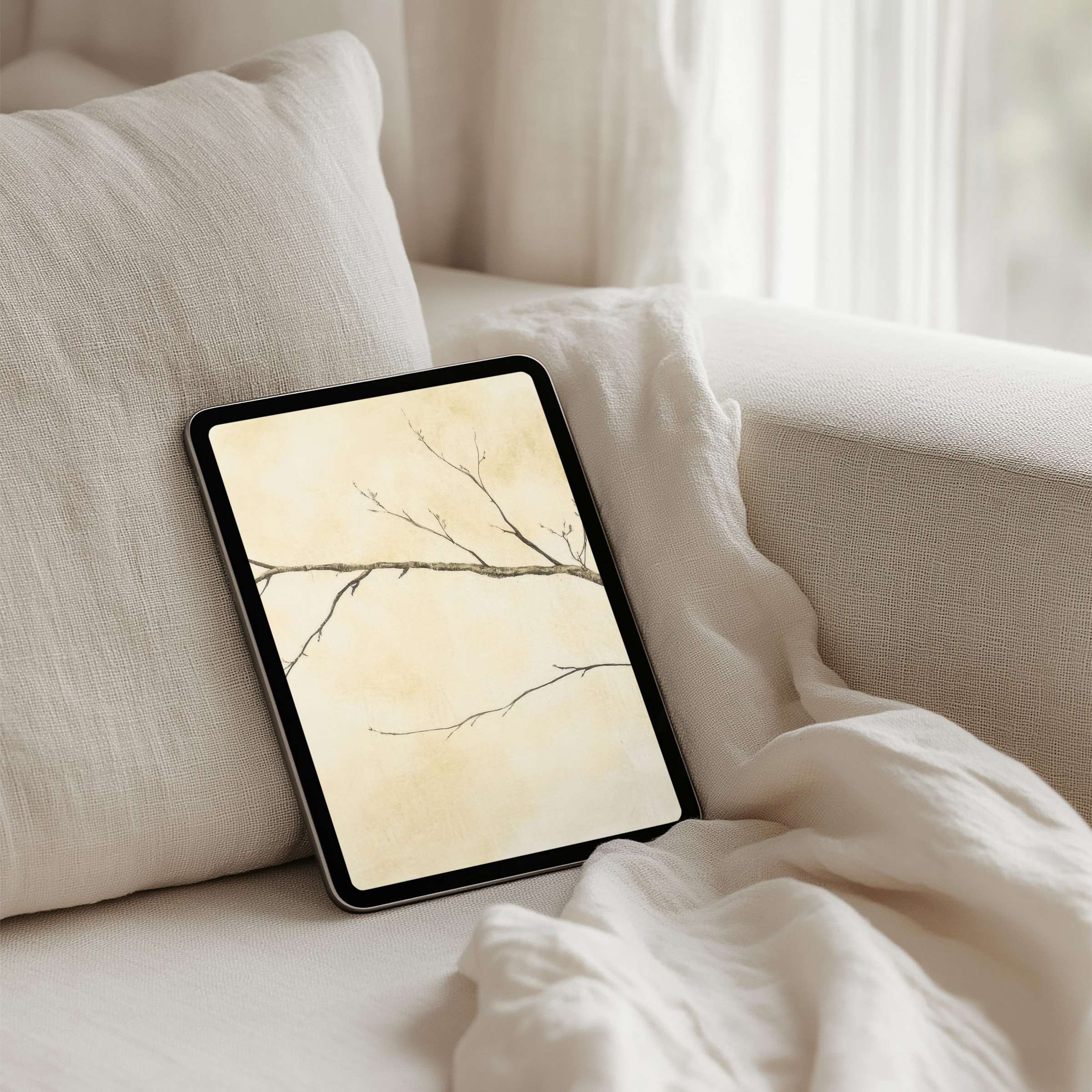 Elegant iPad background with calming, minimalist tree branch art for instant download and tablet use, inspiring mindfulness