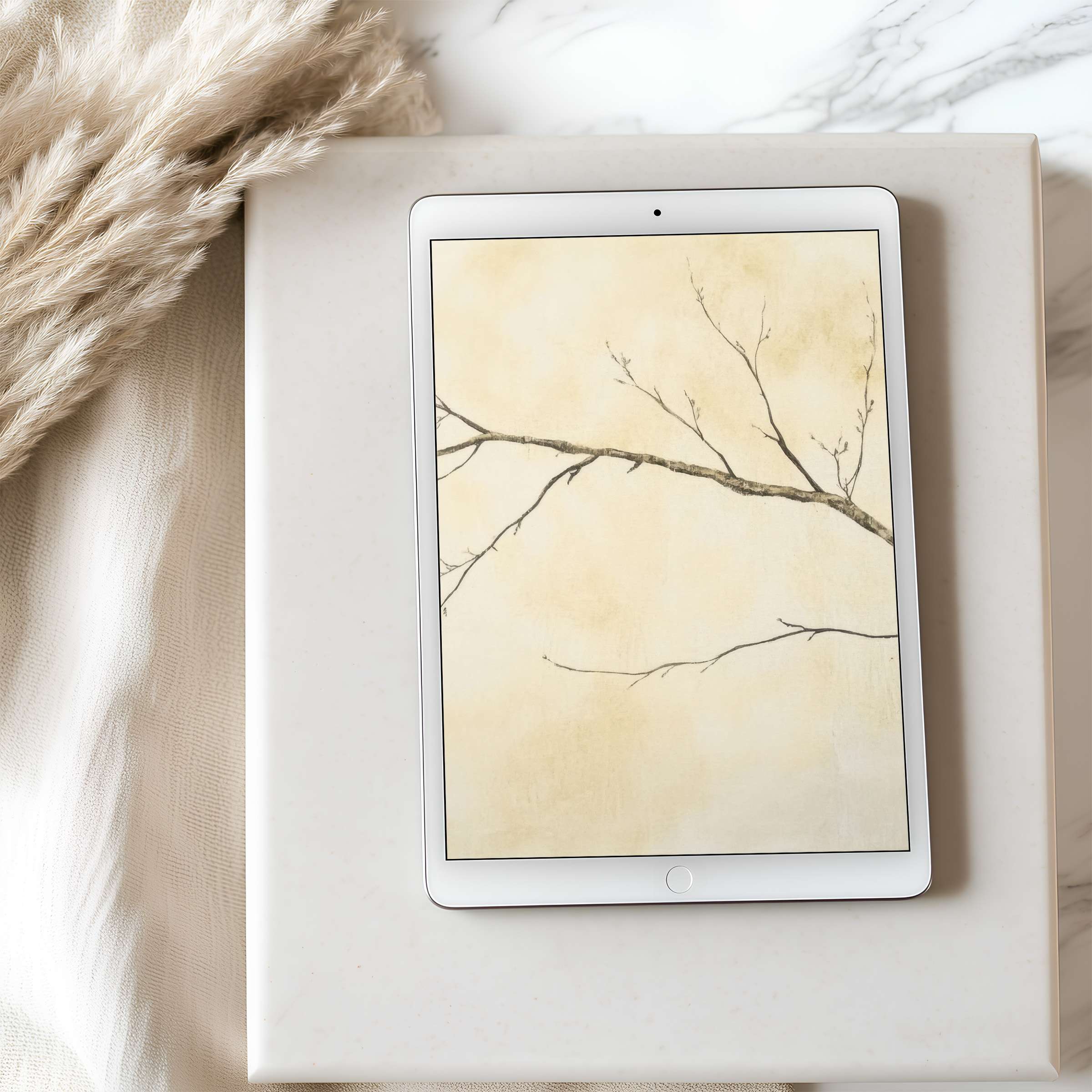 Elegant tablet wallpaper featuring minimalist tree branch art in soothing tones perfect for high resolution iPad and Android download