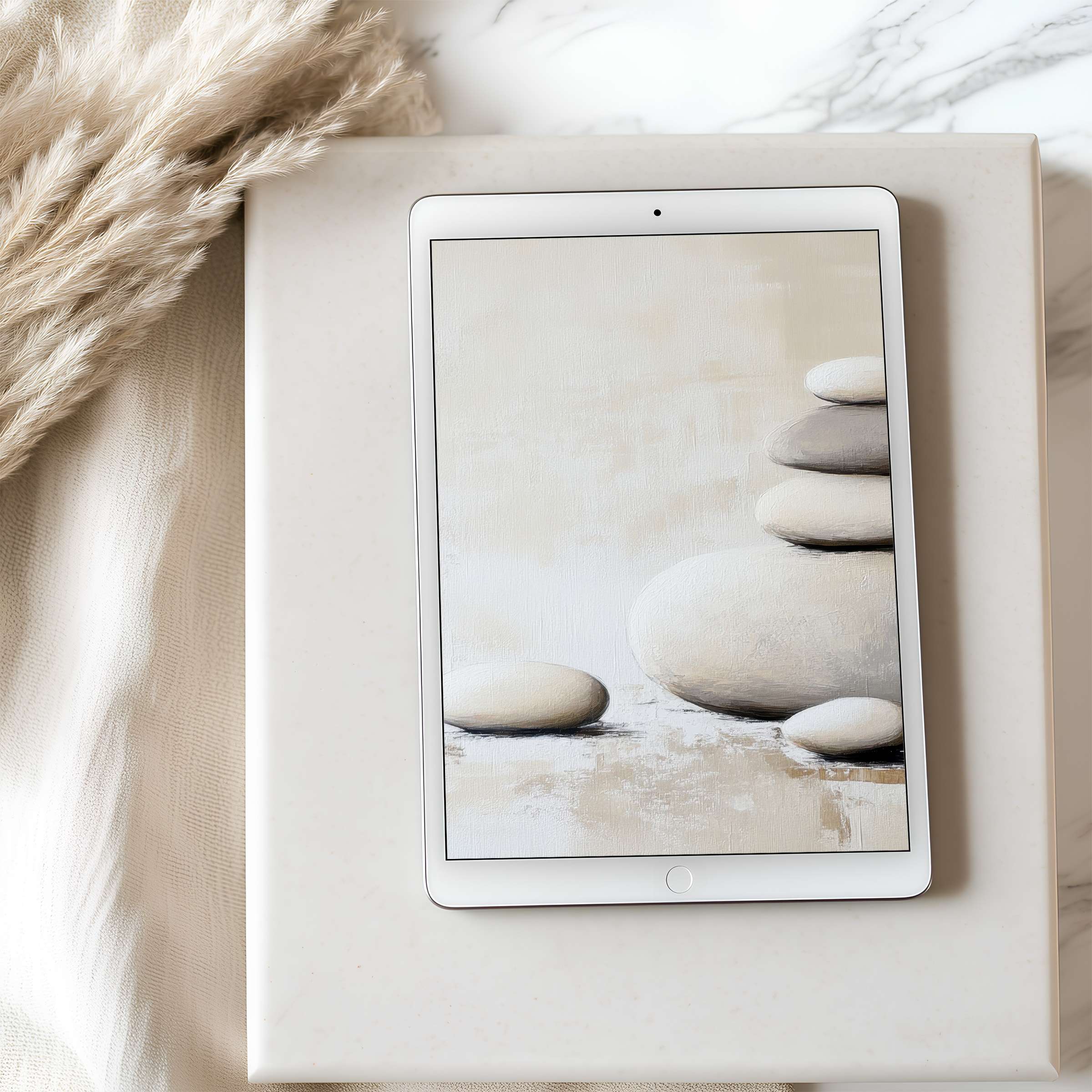 Elegant tablet wallpaper with serene stone stack in soft beige tones, perfect for iPad and Android tablets, high-resolution download available