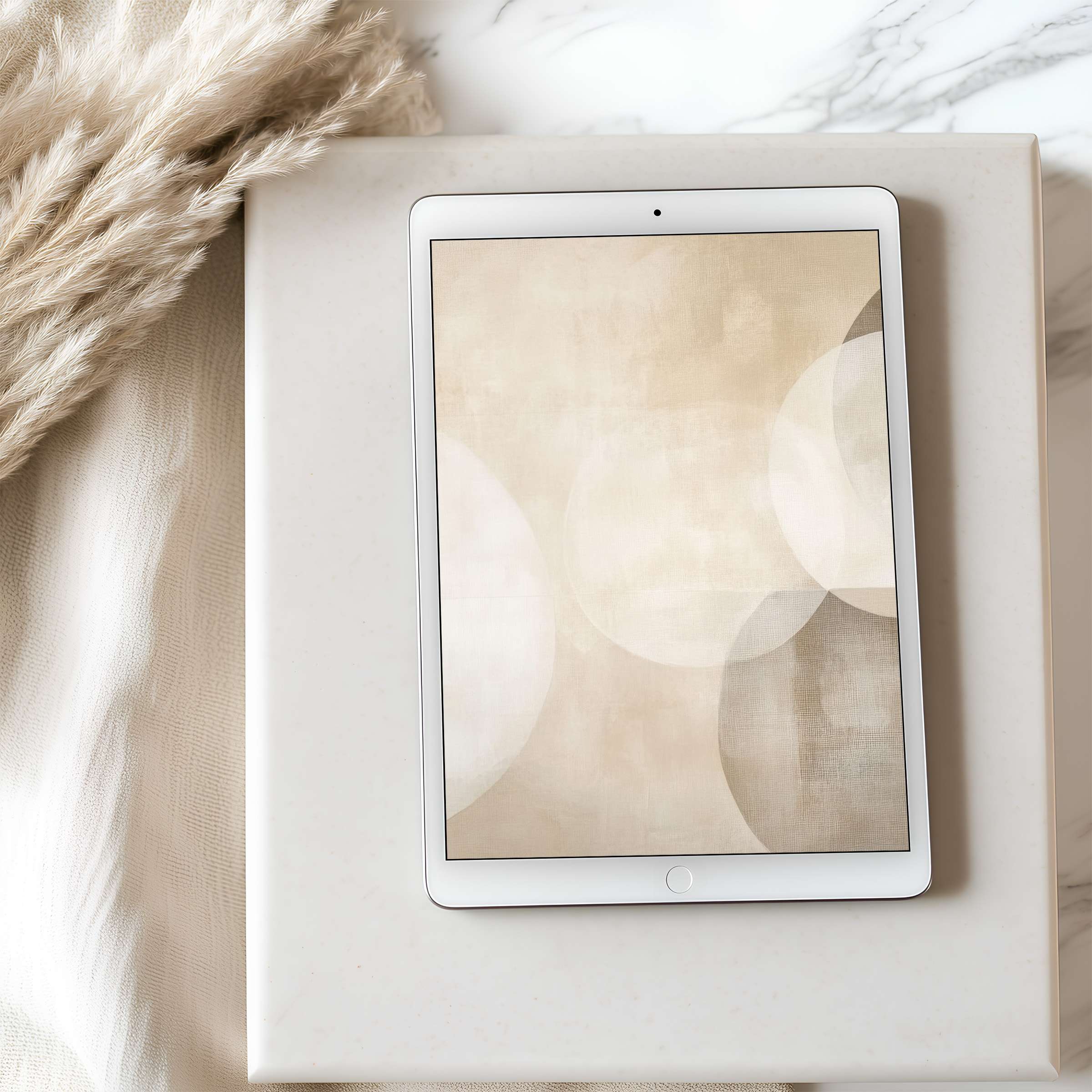 Elegant tablet wallpaper in calming beige tones with abstract circles offers high resolution for iPad and Android, digital download