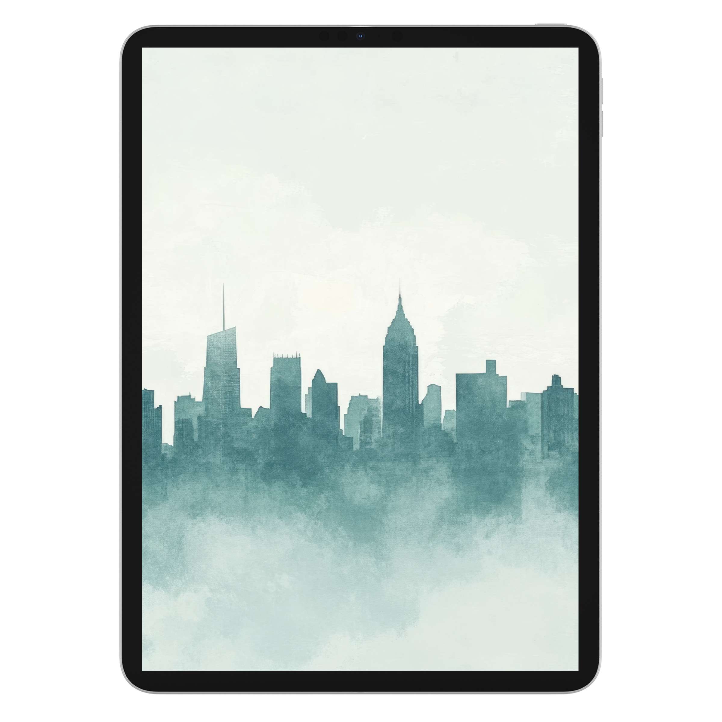 Serene cityscape in teal watercolor offers a neutral iPad wallpaper digital download for an elegant tablet background suitable for all devices