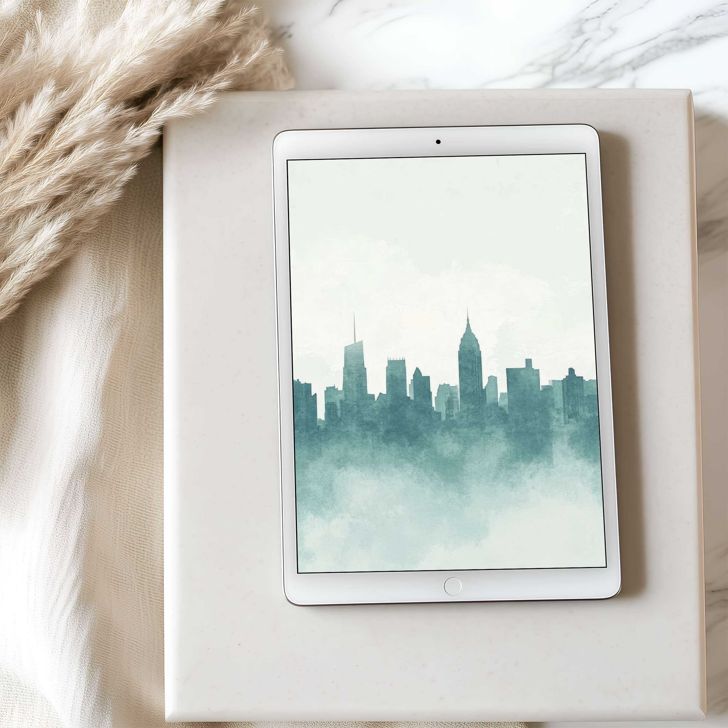 Tranquil skyline motif tablet wallpaper in soothing blues offers high-resolution digital download perfect for iPad and Android users