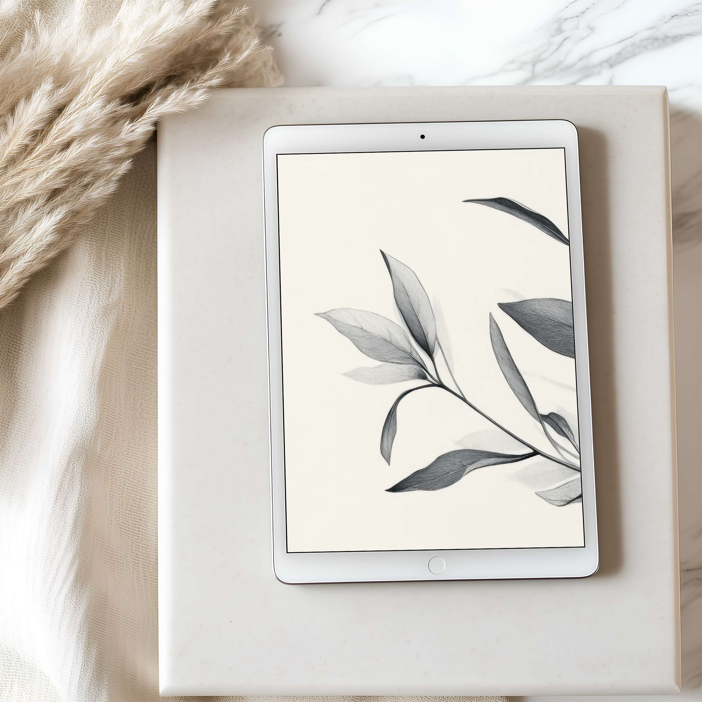 Elegant black and white leaf motif tablet wallpaper enhances serenity and style on iPad or Android high resolution digital download