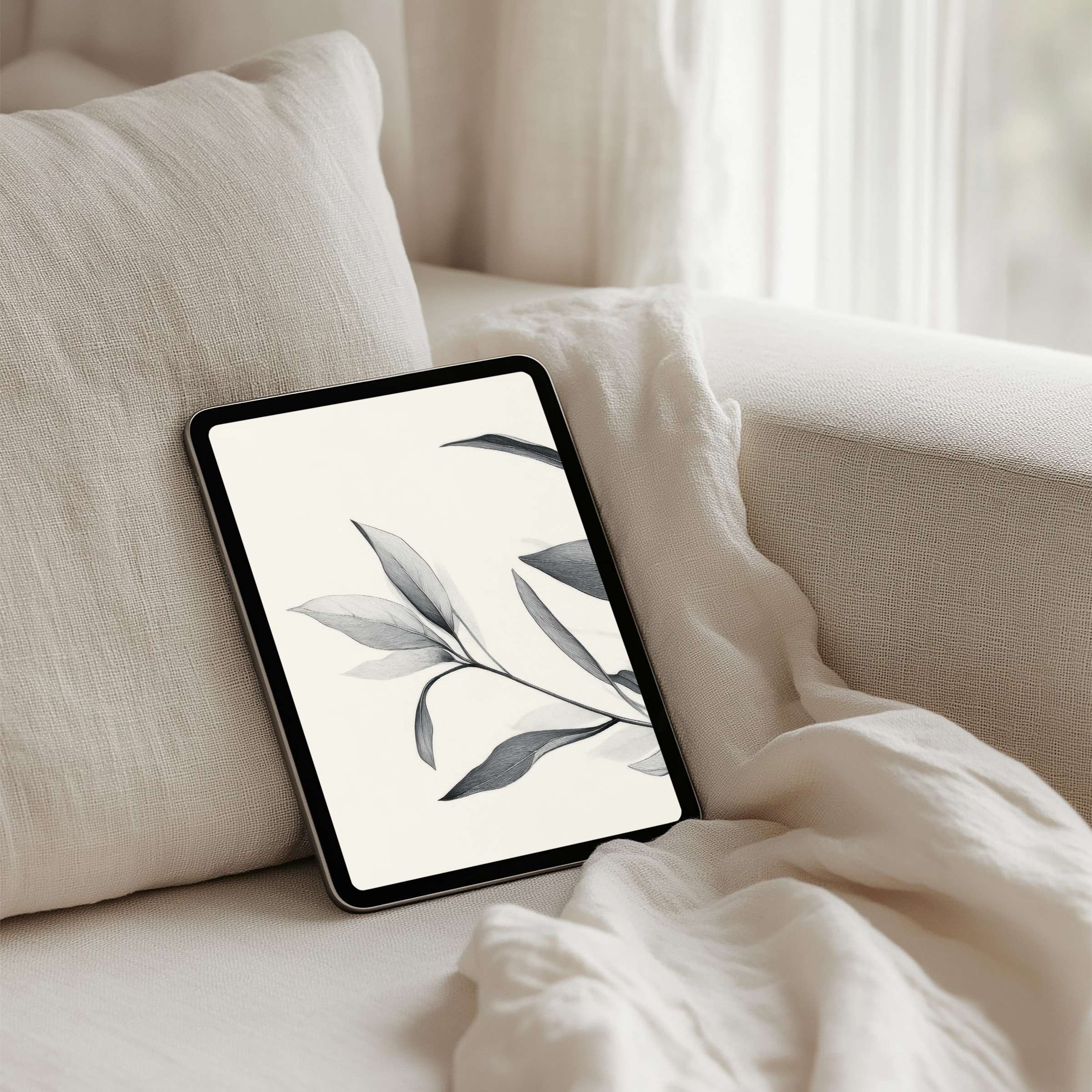 Elegant iPad background with calming leaf design in a serene beige setting inspiring mindfulness and available for instant download on tablets
