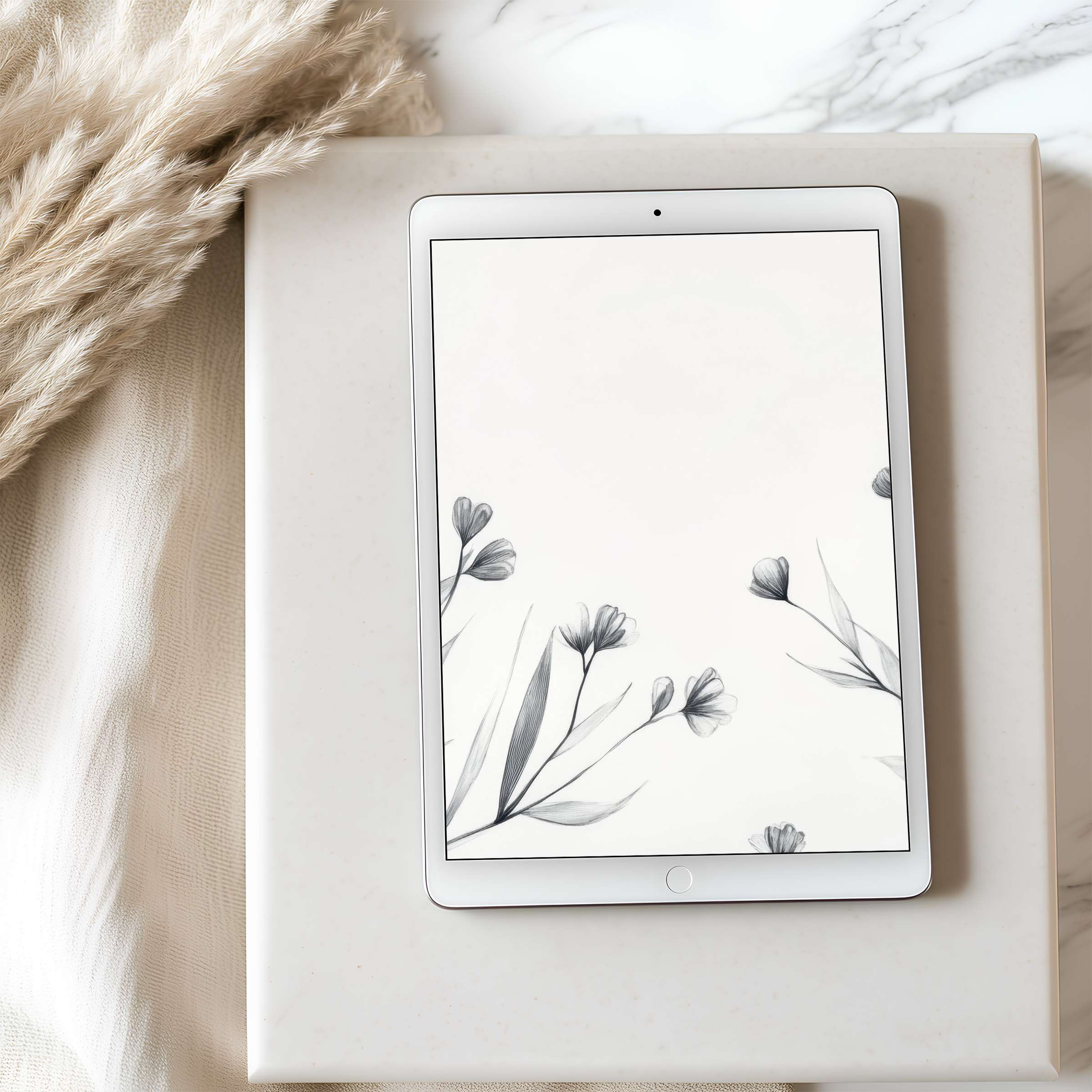 Elegant floral tablet wallpaper with minimalist grayscale blooms inspires tranquility on high-resolution iPad or Android screens, perfect for digital download
