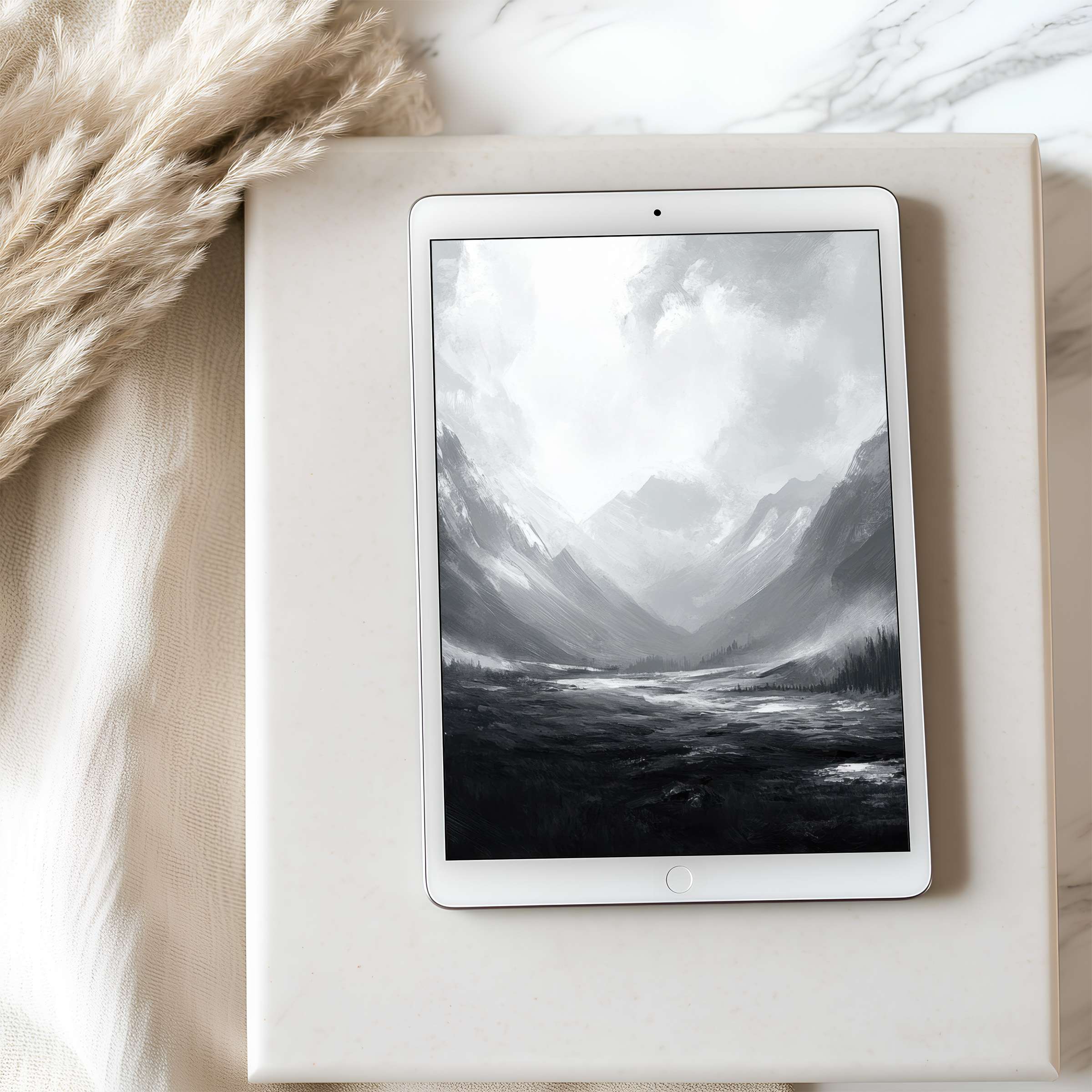 Elegant black and white tablet wallpaper featuring serene mountains, perfect for high resolution iPad display, enhancing digital calm