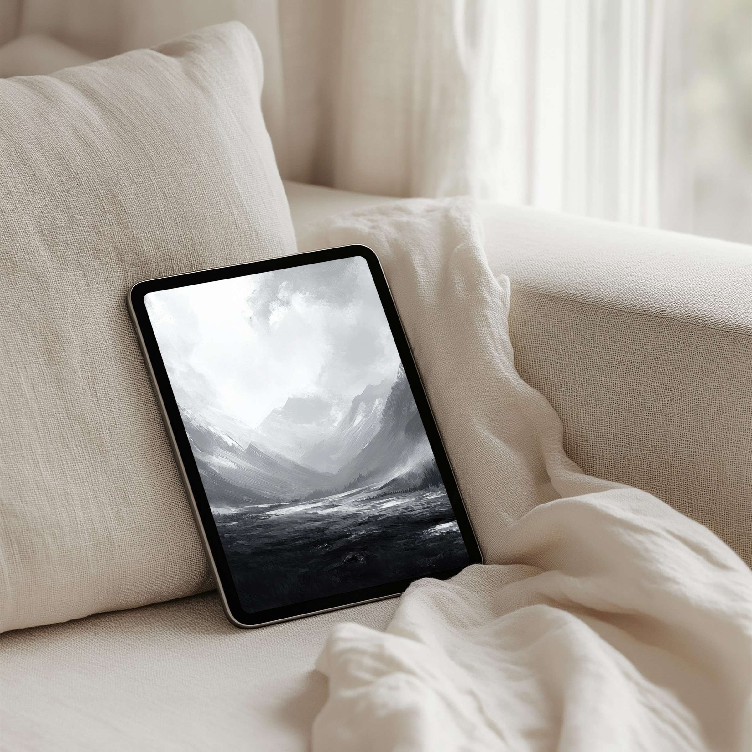 Elegant mountain scene in grayscale as iPad background promotes calm inspiration instant download for any tablet user