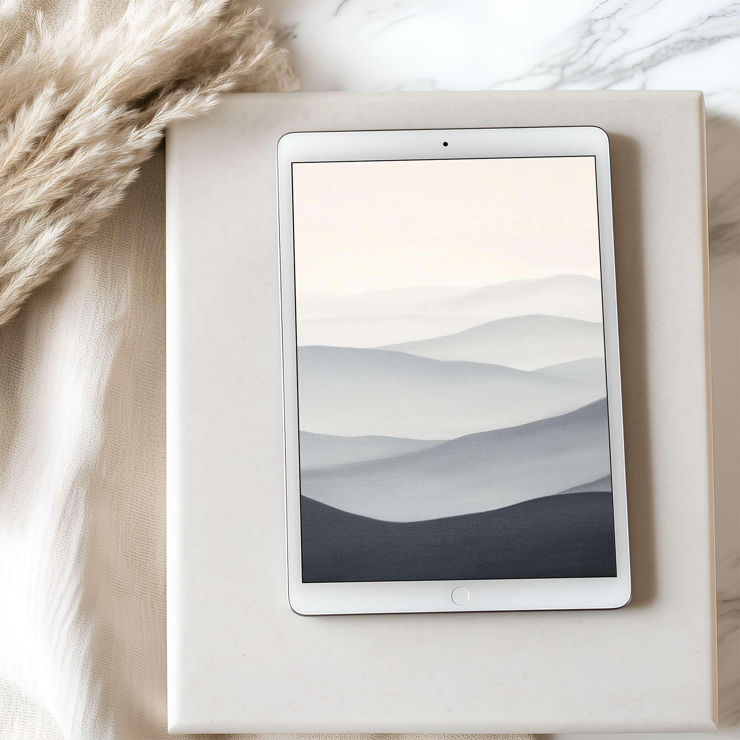 Elegant gray mountain range tablet wallpaper on iPad against soft beige textures enhances a calm, curated aesthetic for digital download