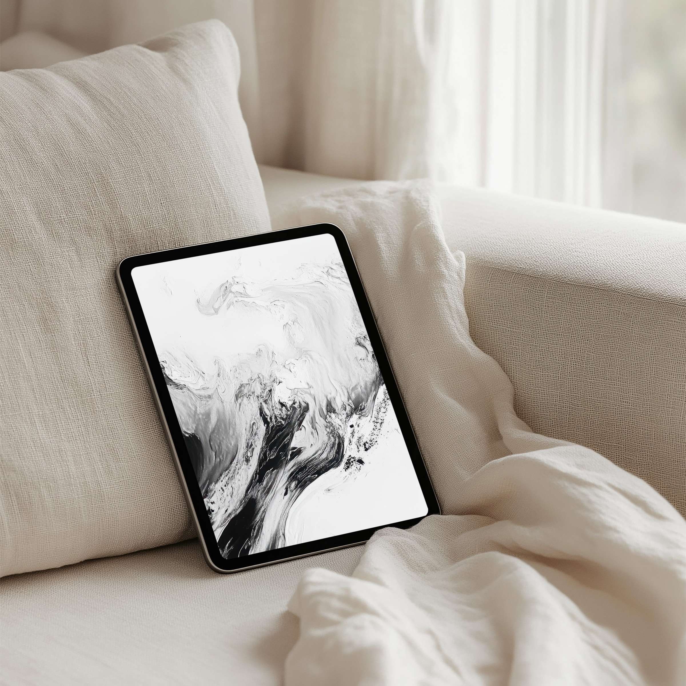 Elegant monochrome waves iPad background offers instant download for tablets, inspiring mindfulness and calm in any serene setting