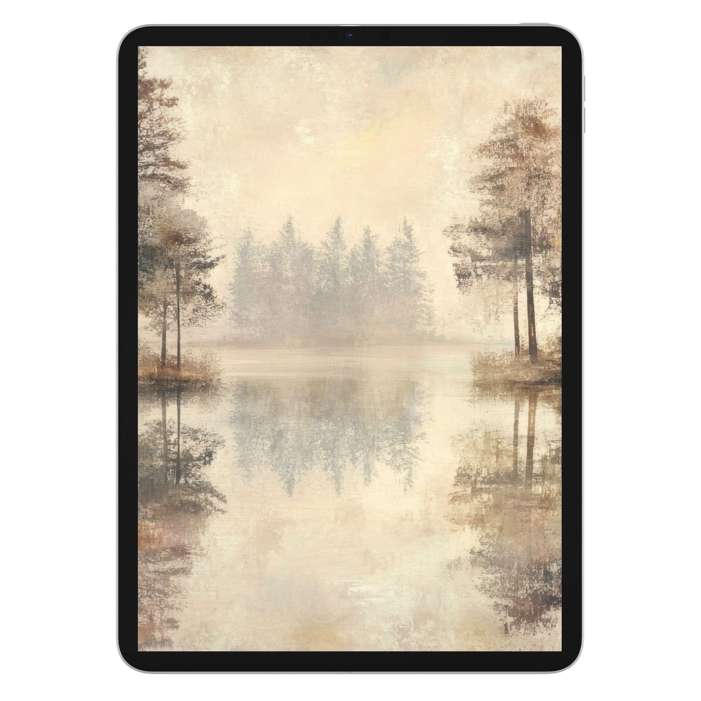 Neutral iPad wallpaper featuring serene, misty forest reflected in water creates a calming background for tablet use digital download