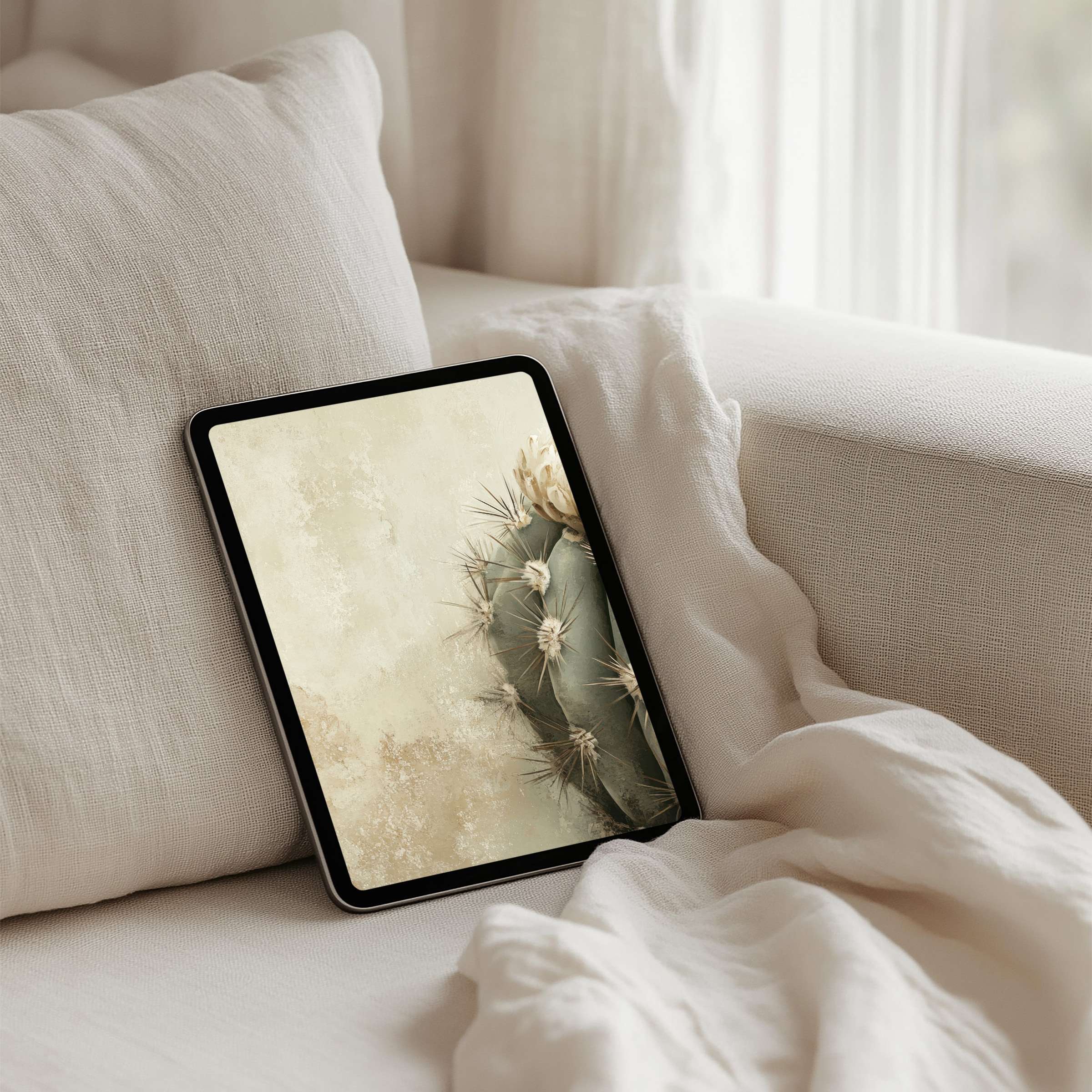 Elegant iPad background with serene cactus design for an inspiring tablet ambiance instant download for mindfulness and style