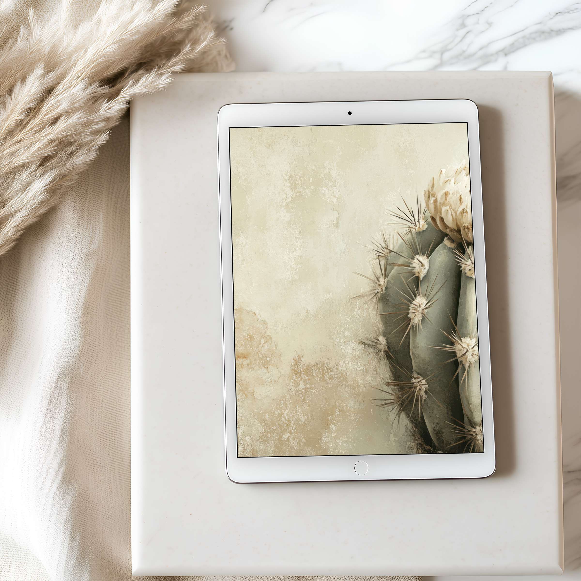 Elegant desert cactus art for tablet wallpaper offers high resolution beauty, harmonizing with sustainable decor, ready for iPad download