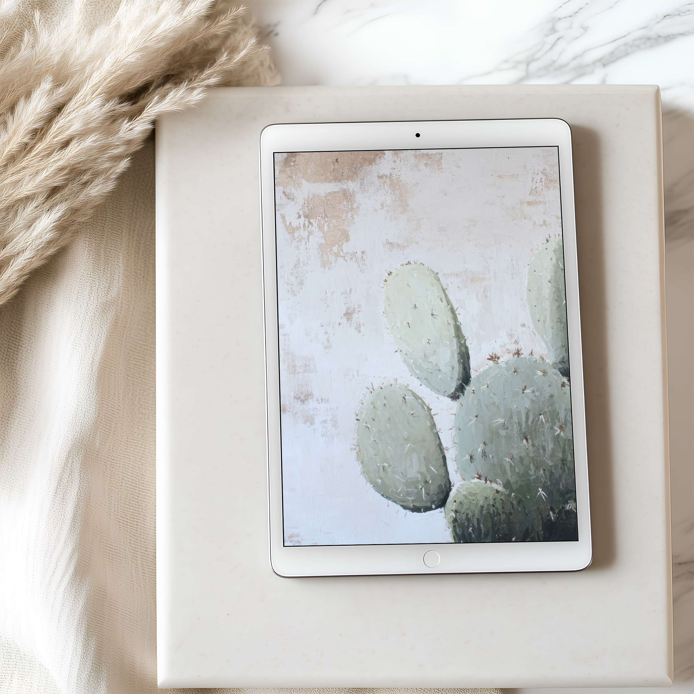 Elegant cactus motif digital art for tablet wallpaper in soft green and beige hues, perfect for iPad download enhancing calm spaces