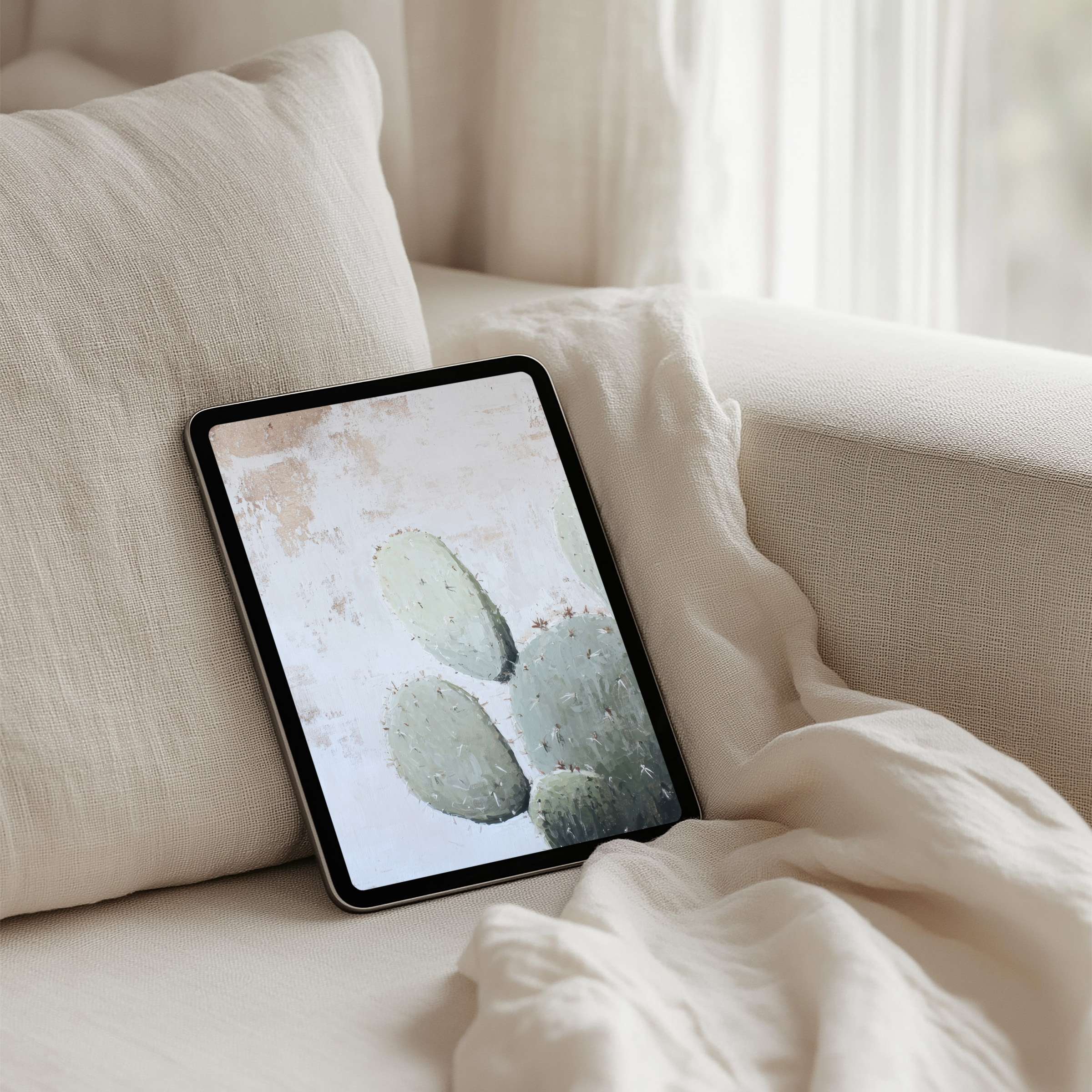 Serene cactus iPad background enhances tablet ambiance with calm elegance in soft neutrals perfect for instant download home decor