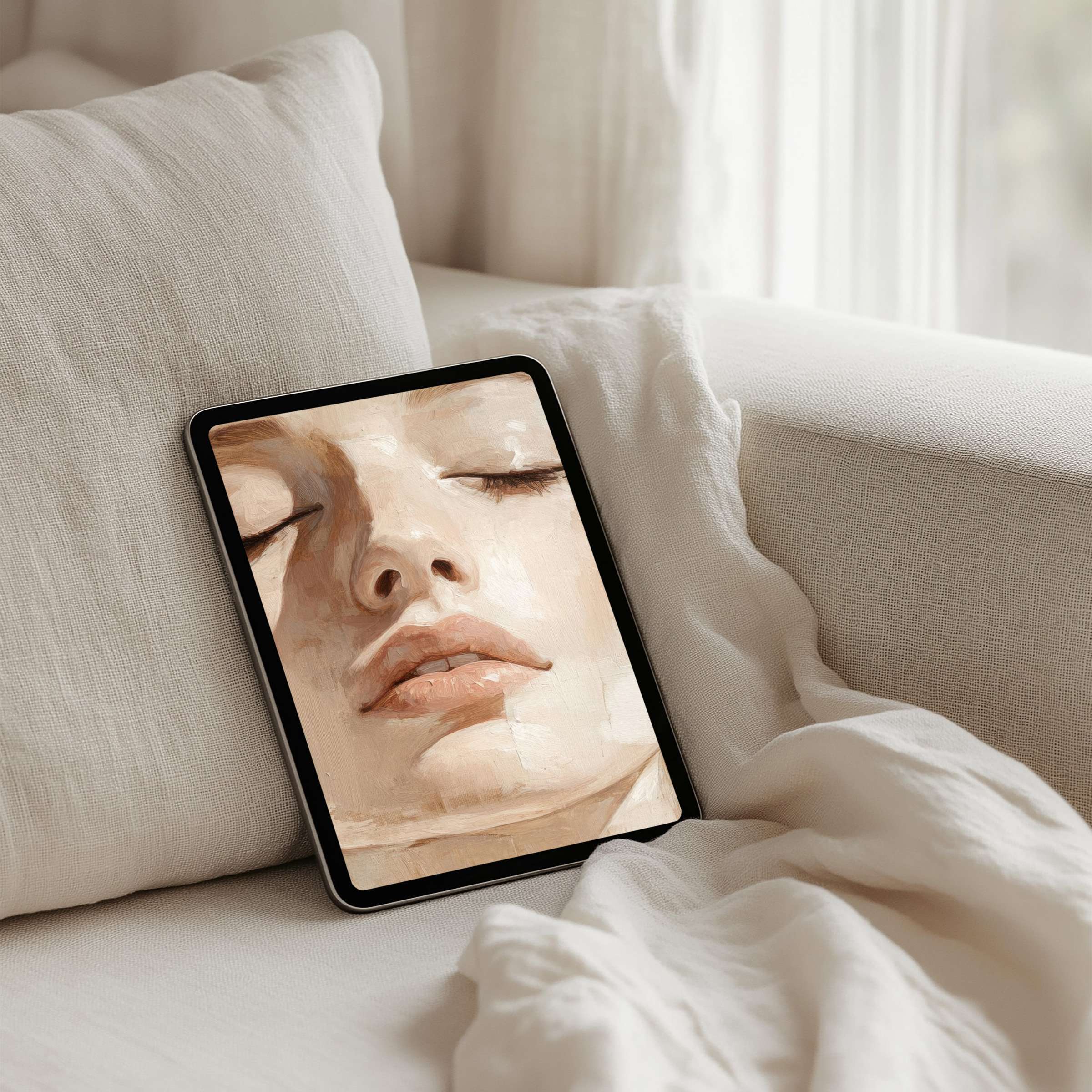 Elegant iPad background featuring serene digital art of a peaceful face for tablets instant download embodies calm inspiration