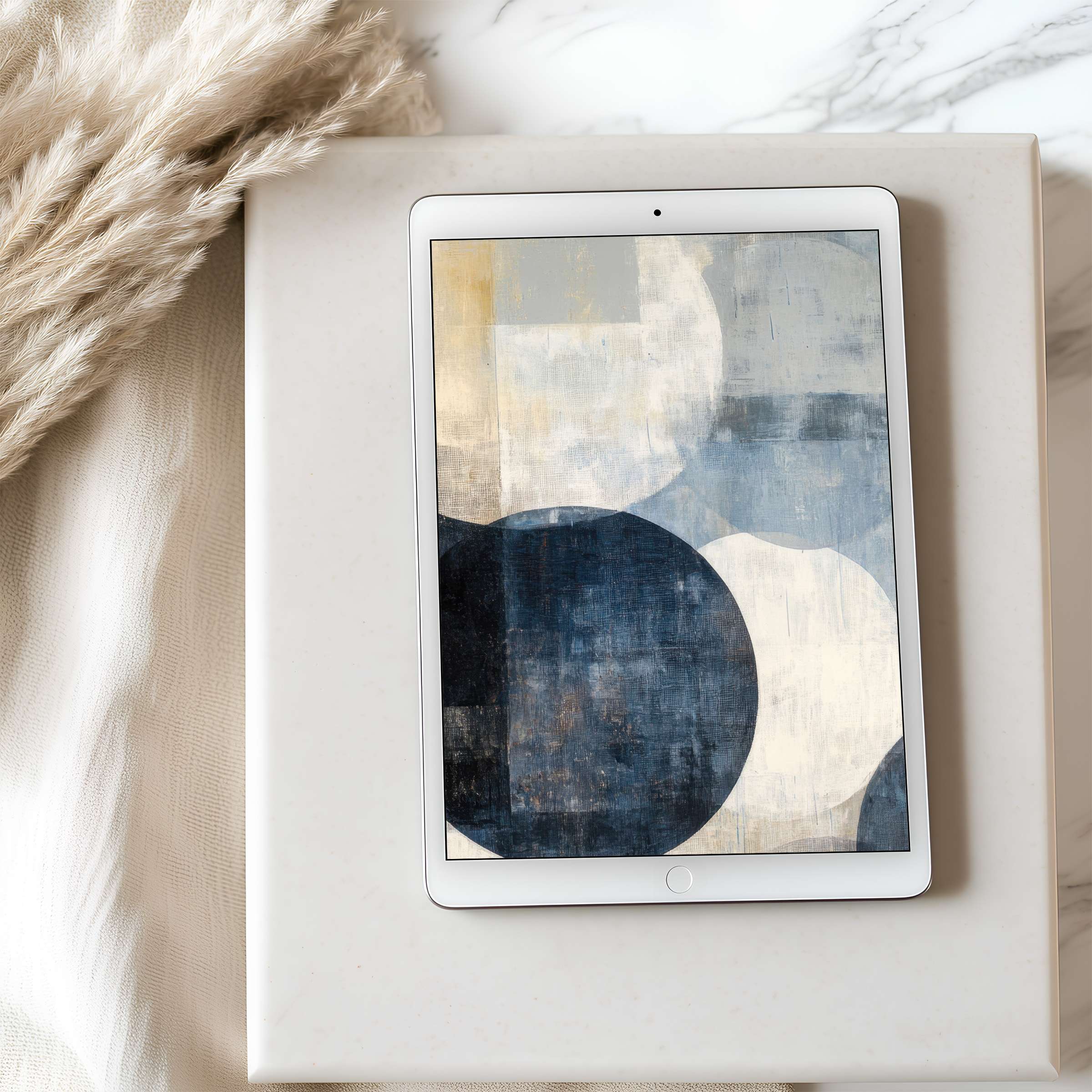 Elegant abstract motif in blue and beige hues on tablet wallpaper offers high resolution digital download for serene interiors