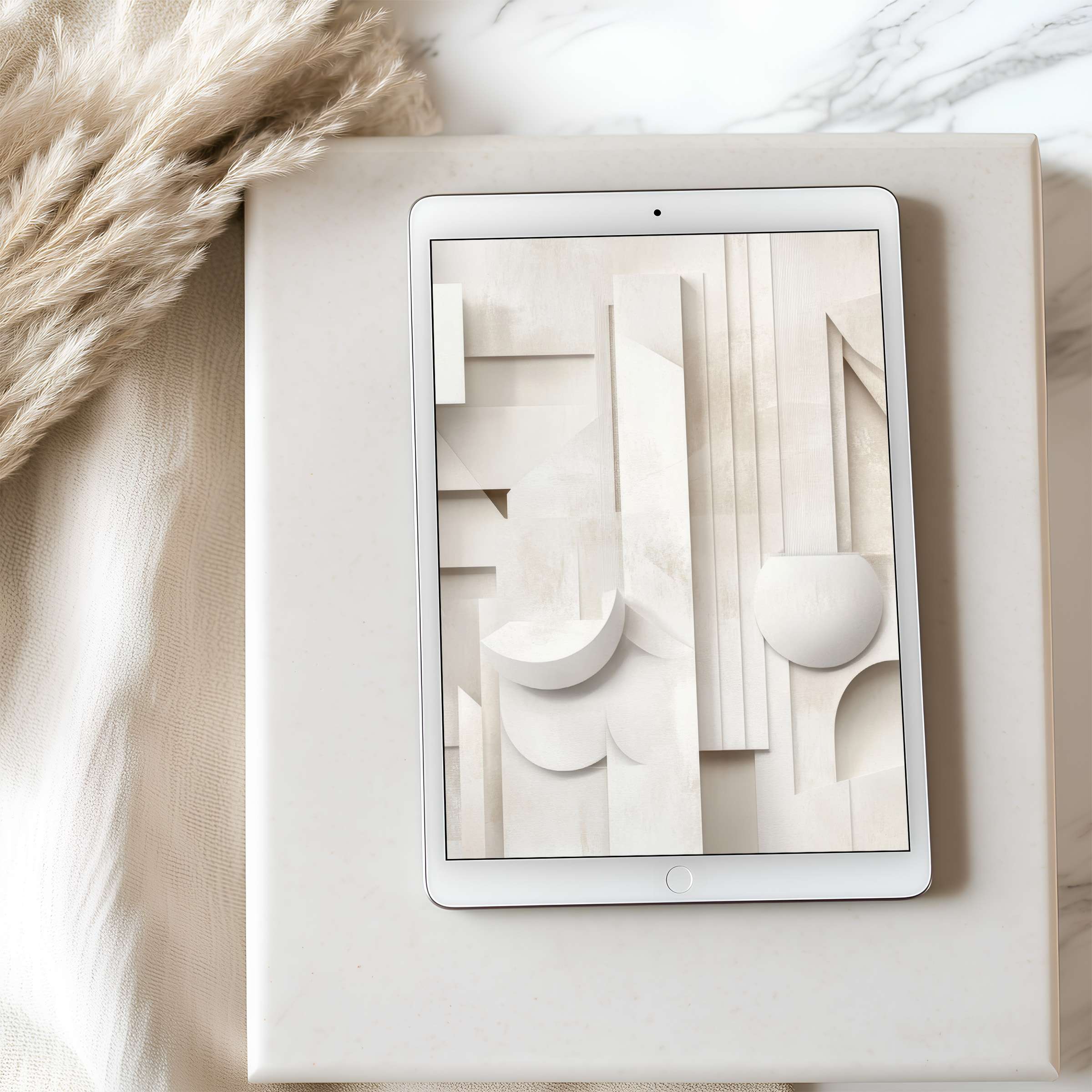 Elegant abstract tablet wallpaper featuring soft beige geometric forms, perfect for iPad and Android tablets, available for digital download