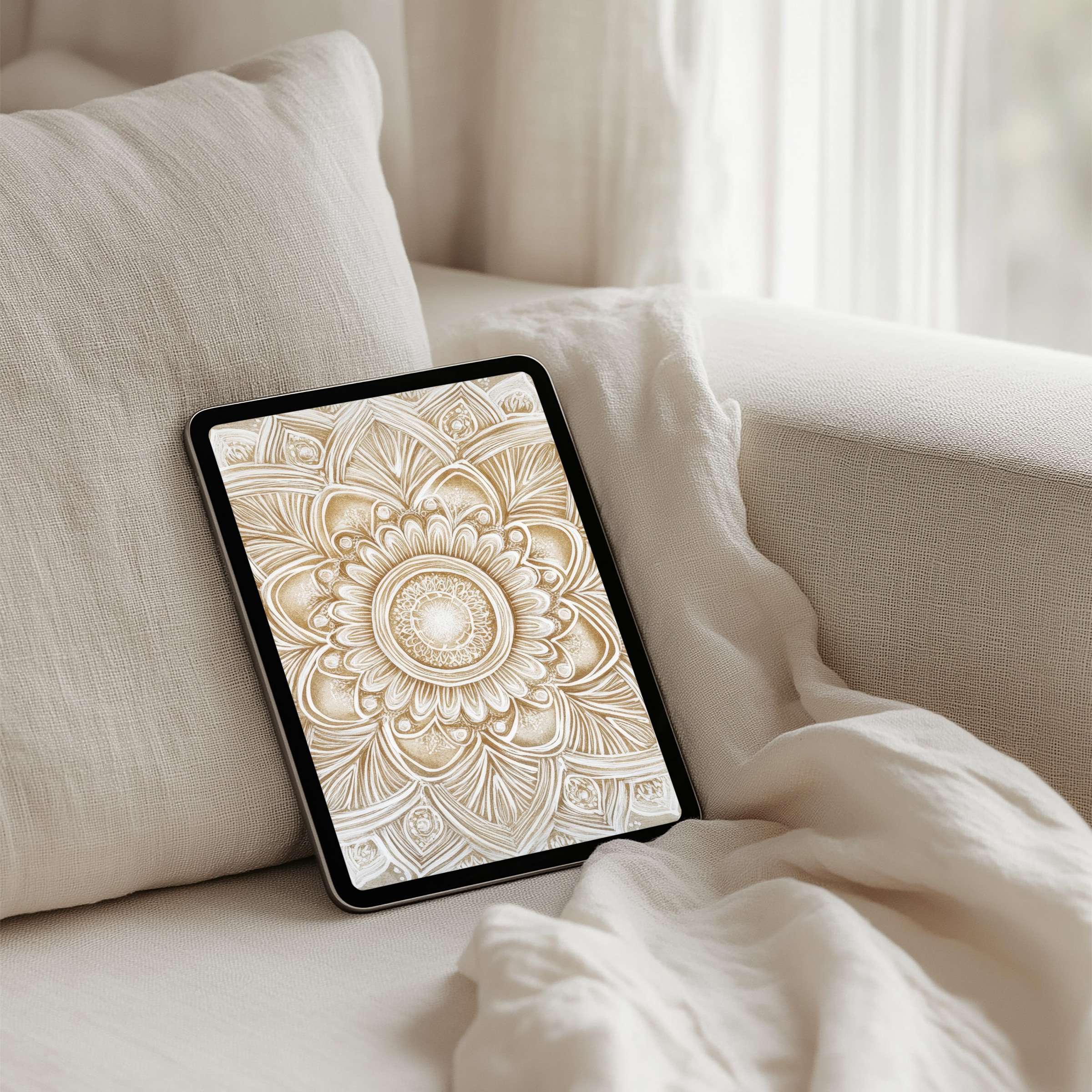 Elegant mandala iPad background exudes calm and inspiration in soft beige tones available for instant download on any tablet