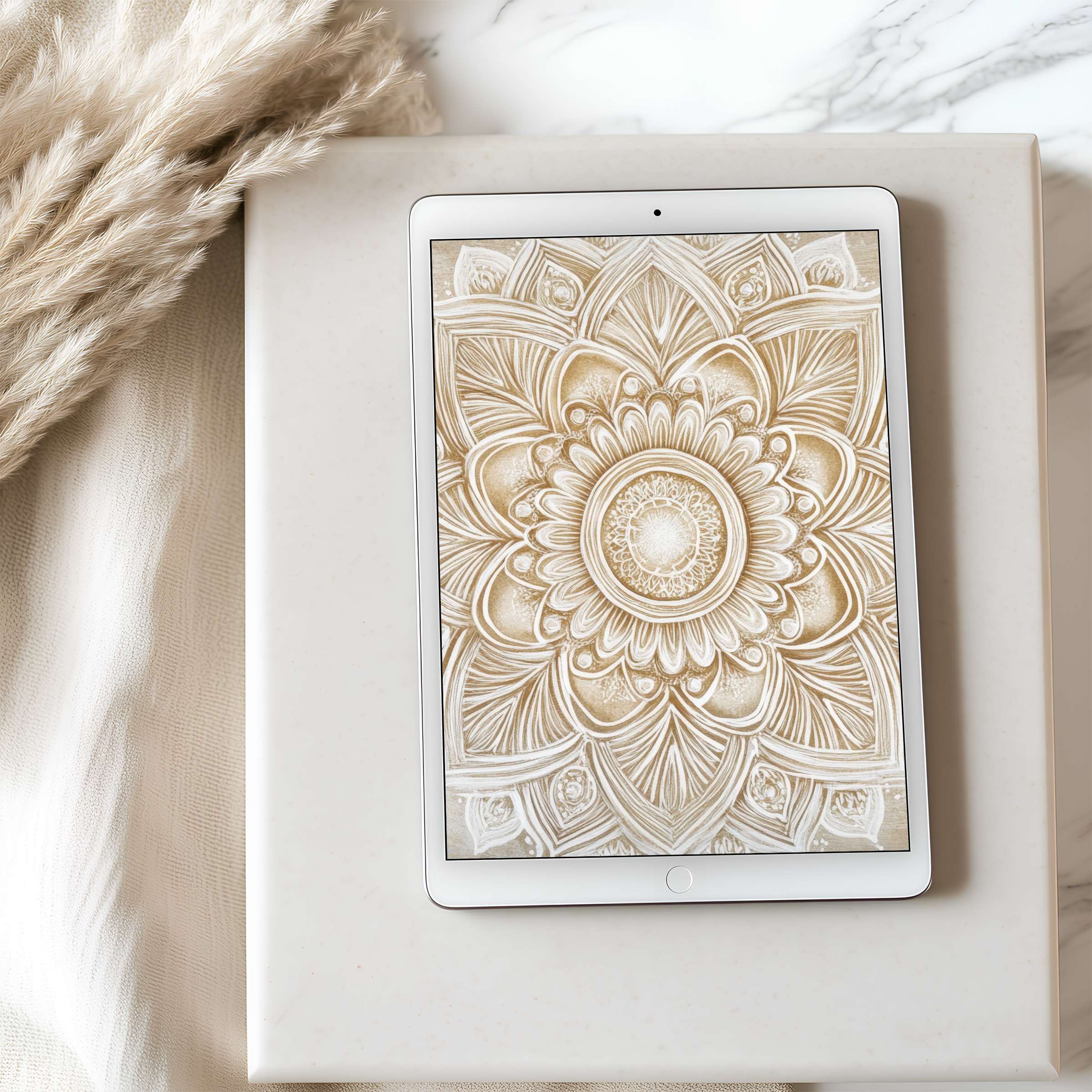 Elegant mandala tablet wallpaper in calming beige hues enhances your space with curated design suitable for iPad and Android devices