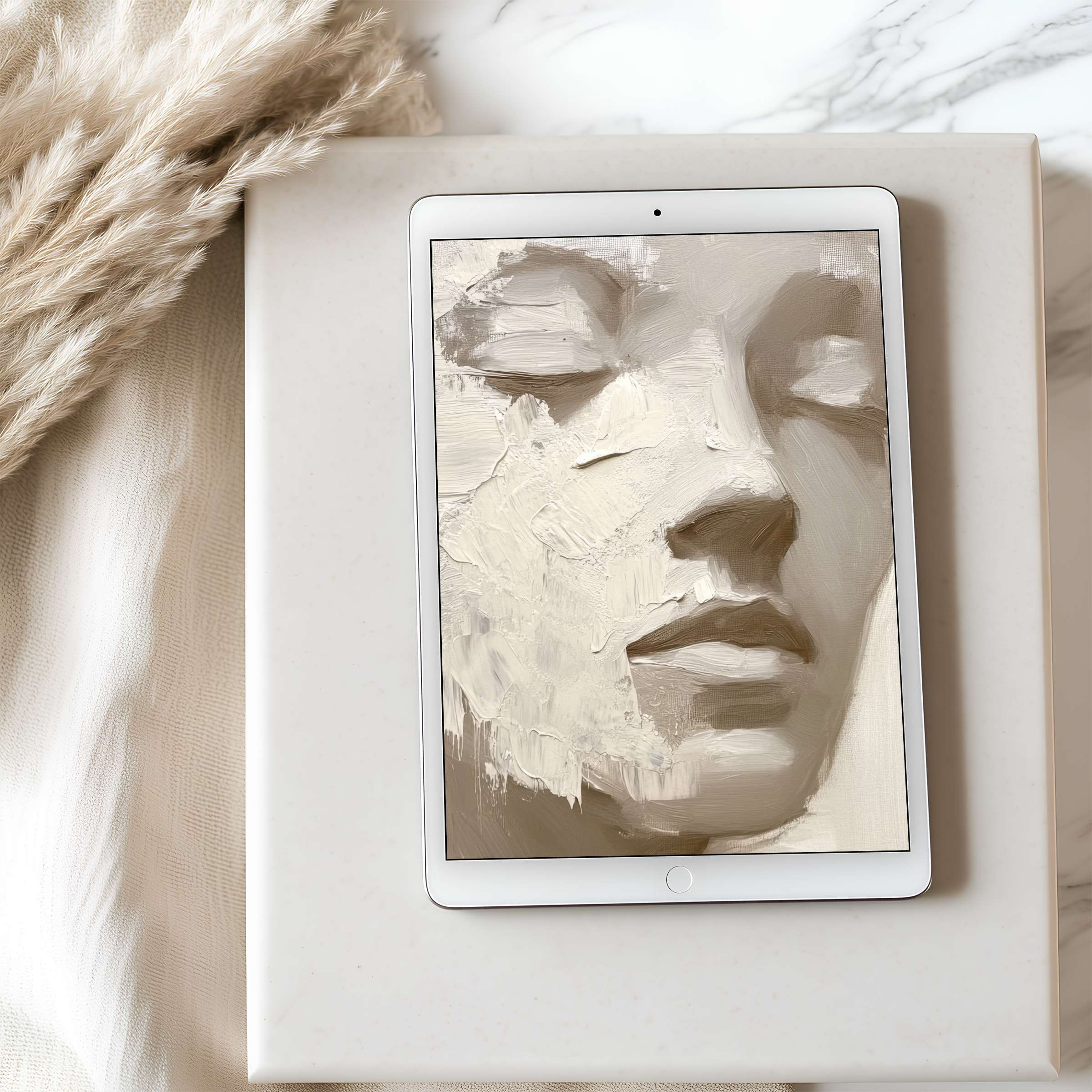 Elegant abstract face painting tablet wallpaper in neutral tones complements modern marble decor for high-resolution iPad screens