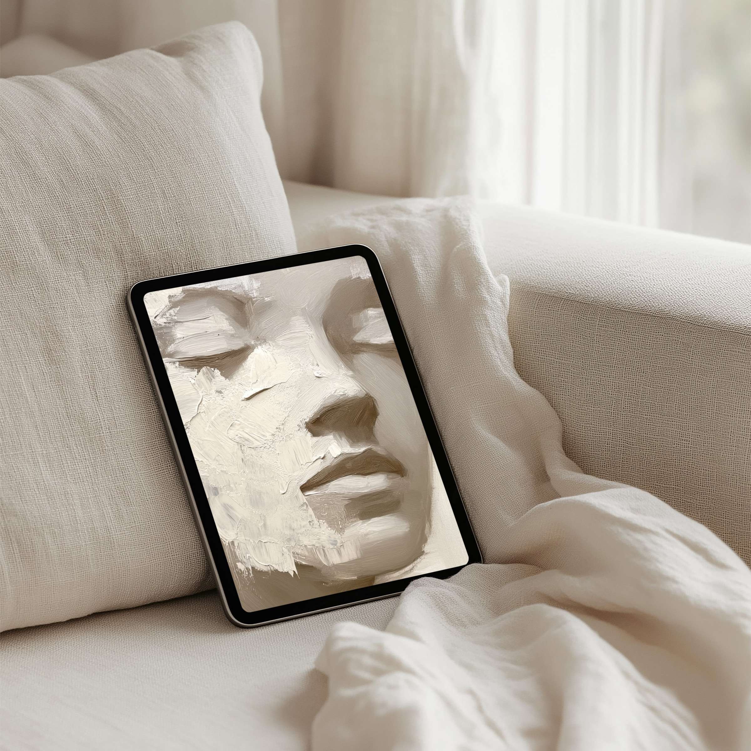 Elegant abstract face art iPad background enhances calm inspiration on your tablet with instant download for mindful elegance