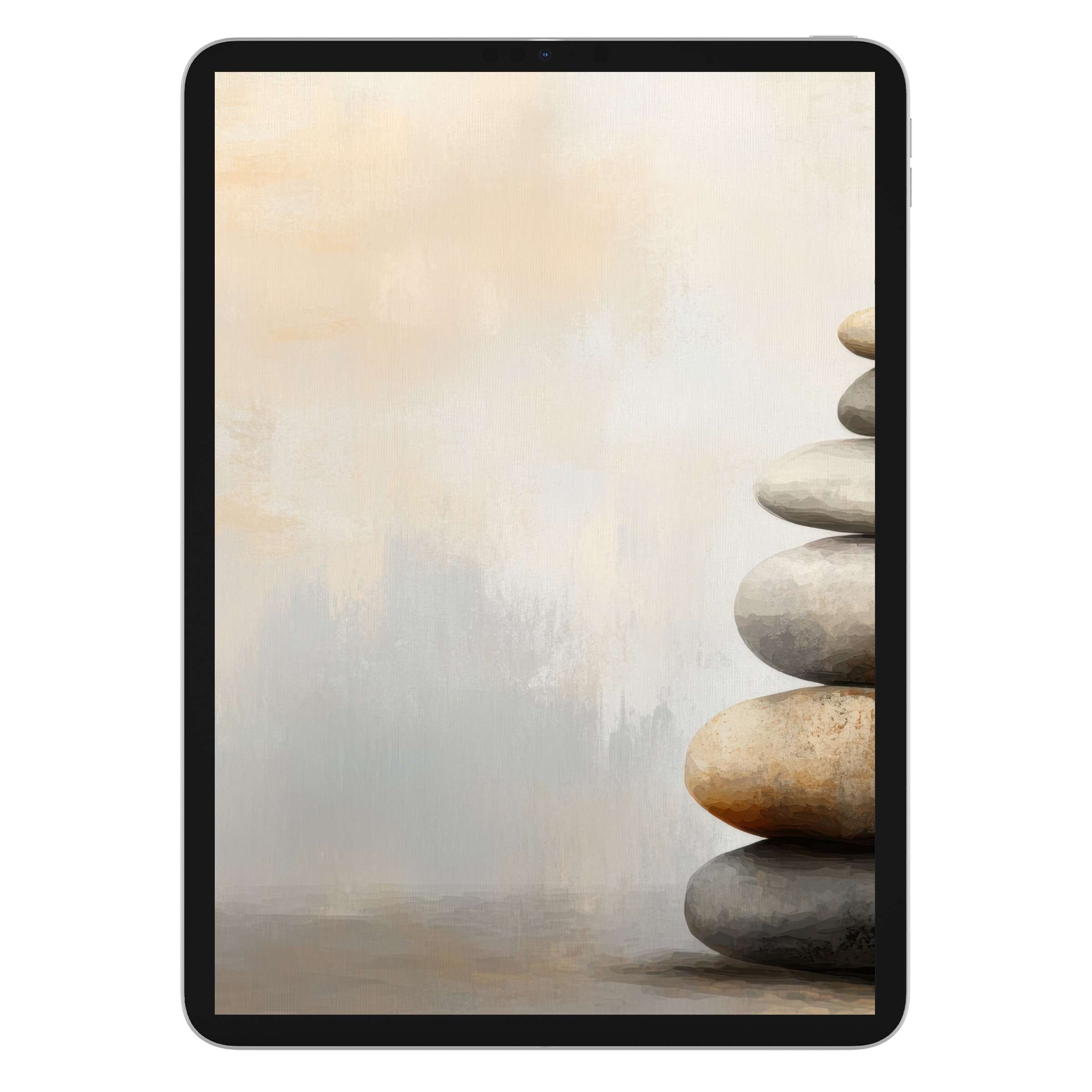 Neutral iPad wallpaper featuring zen stone stack on textured background, perfect digital download for a calming tablet ambiance