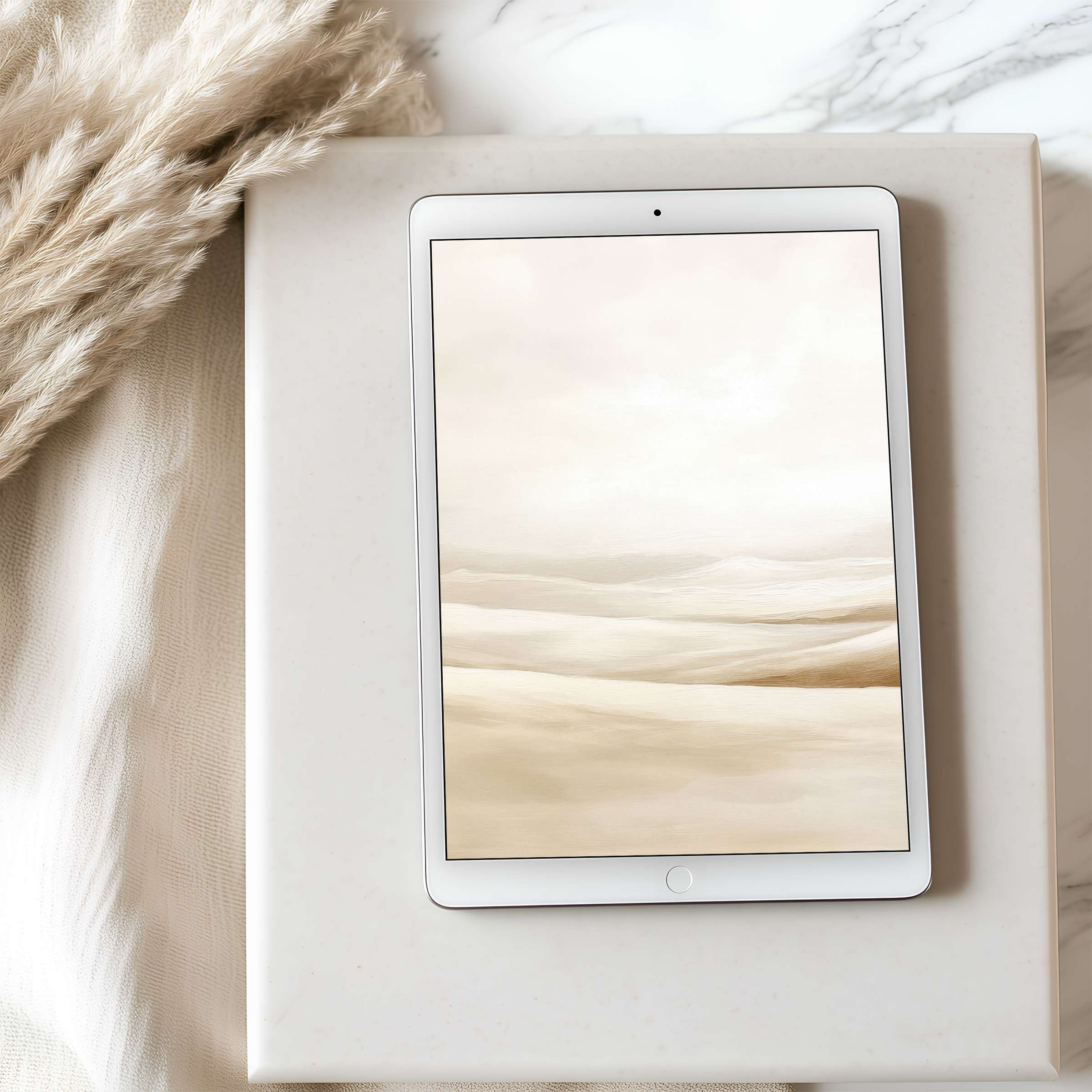 Elegant tablet wallpaper featuring serene, beige minimalist landscape perfect for iPad or Android, enhancing tranquil digital ambiance