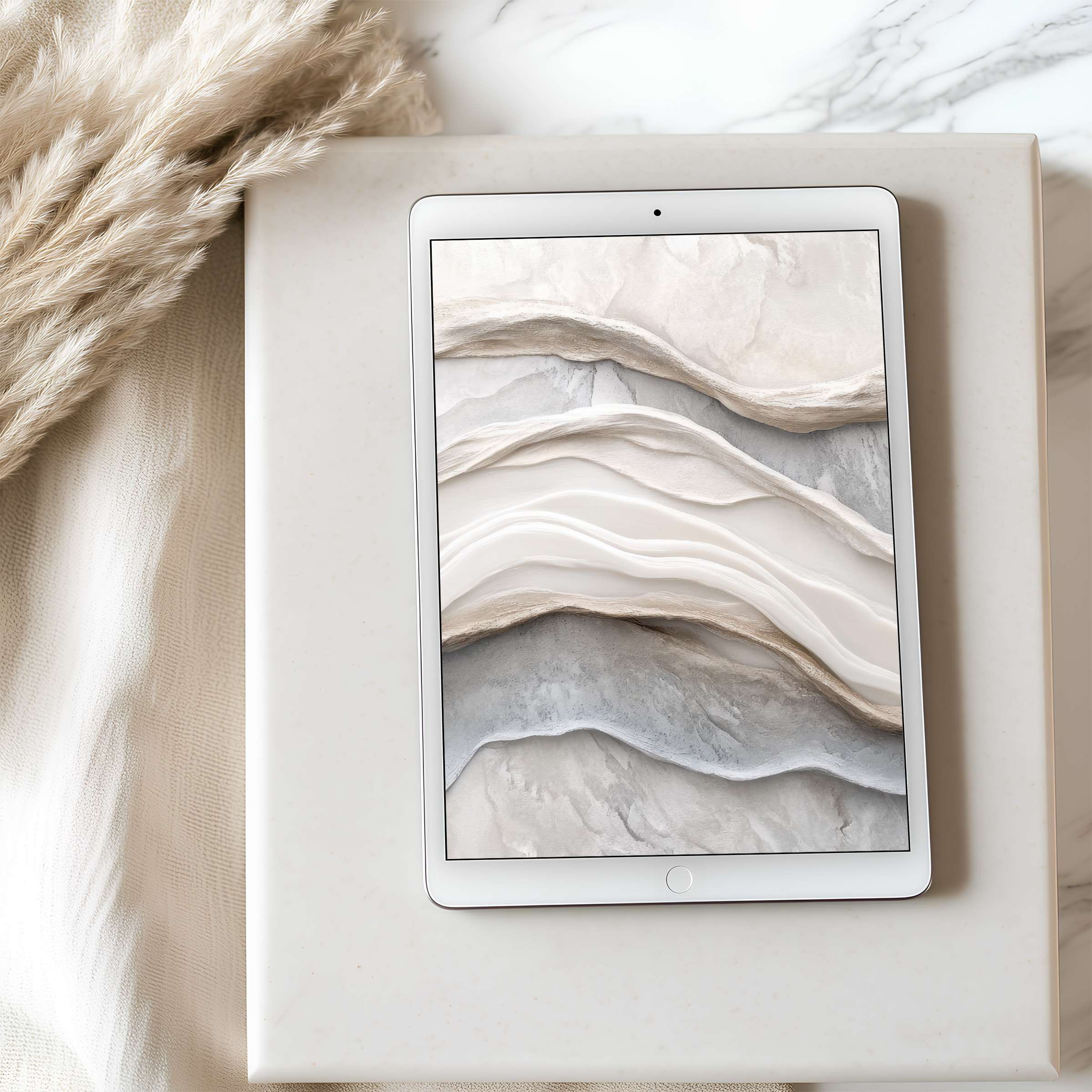 Elegant tablet wallpaper featuring soft, earthy waves set in minimalist decor, perfect for high-resolution iPad and Android downloads