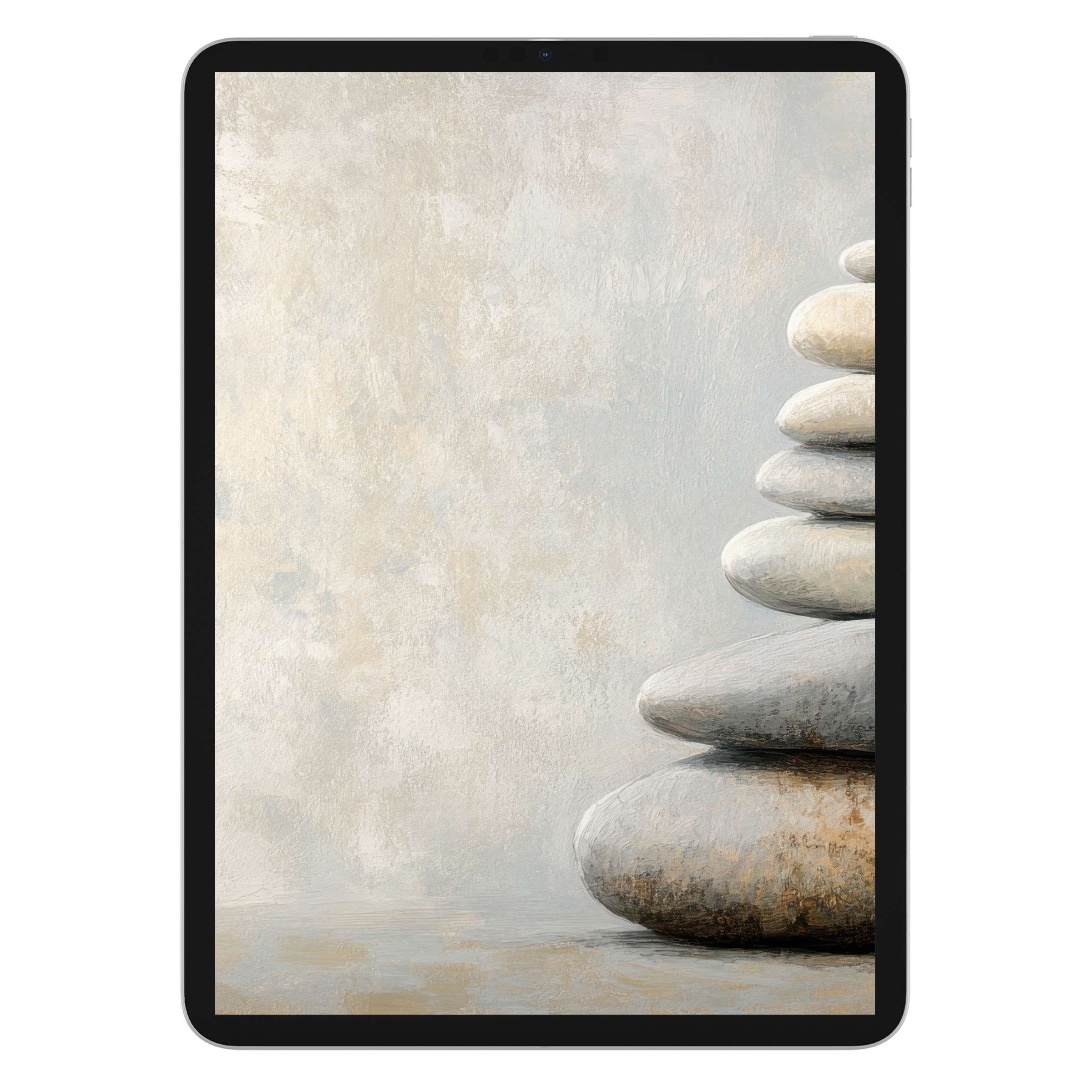 Neutral iPad wallpaper with calming sandy tones and balanced stones, ideal digital download for elegant tablet background use