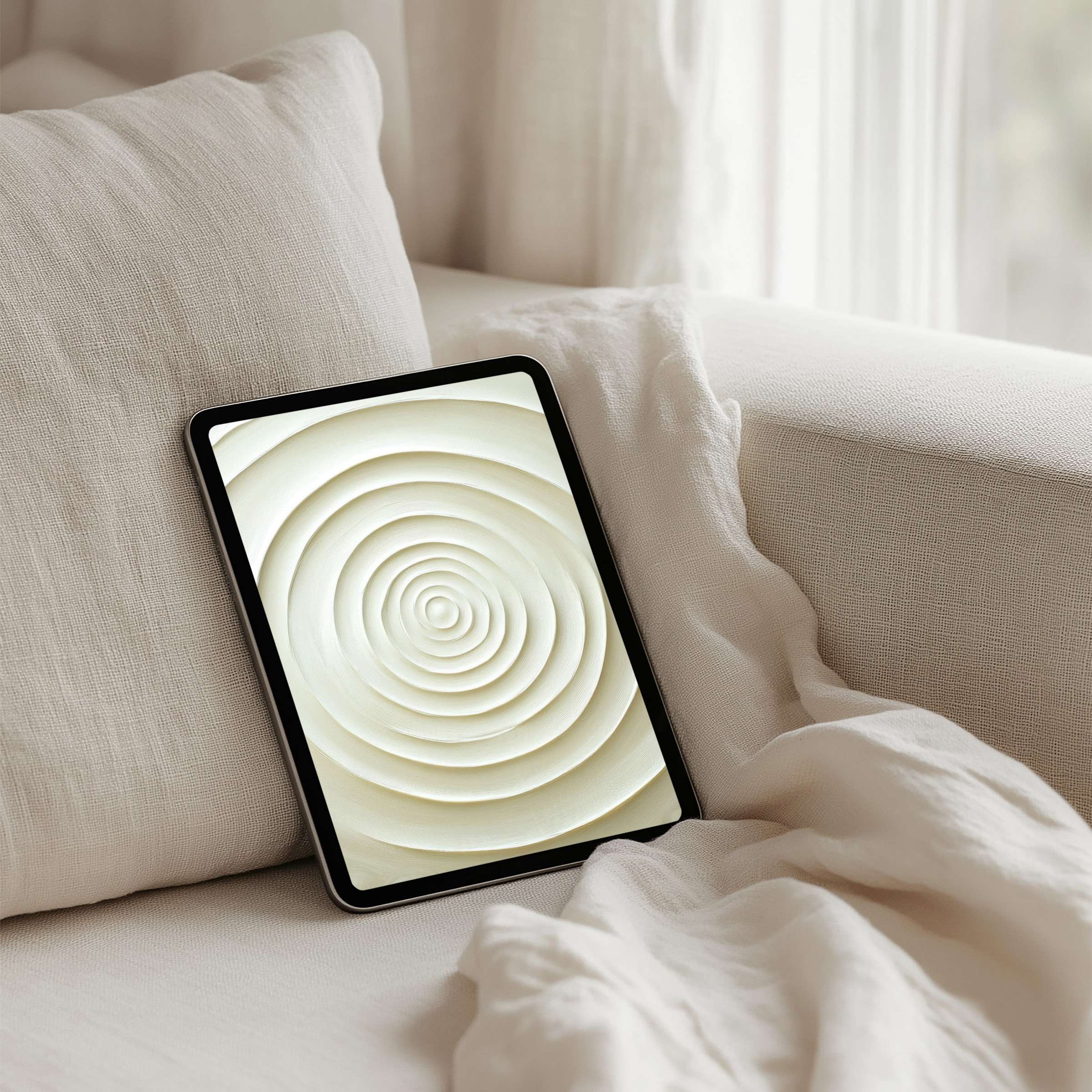 Elegant iPad background for instant download featuring calming cream spirals evokes mindfulness and serenity on any tablet device