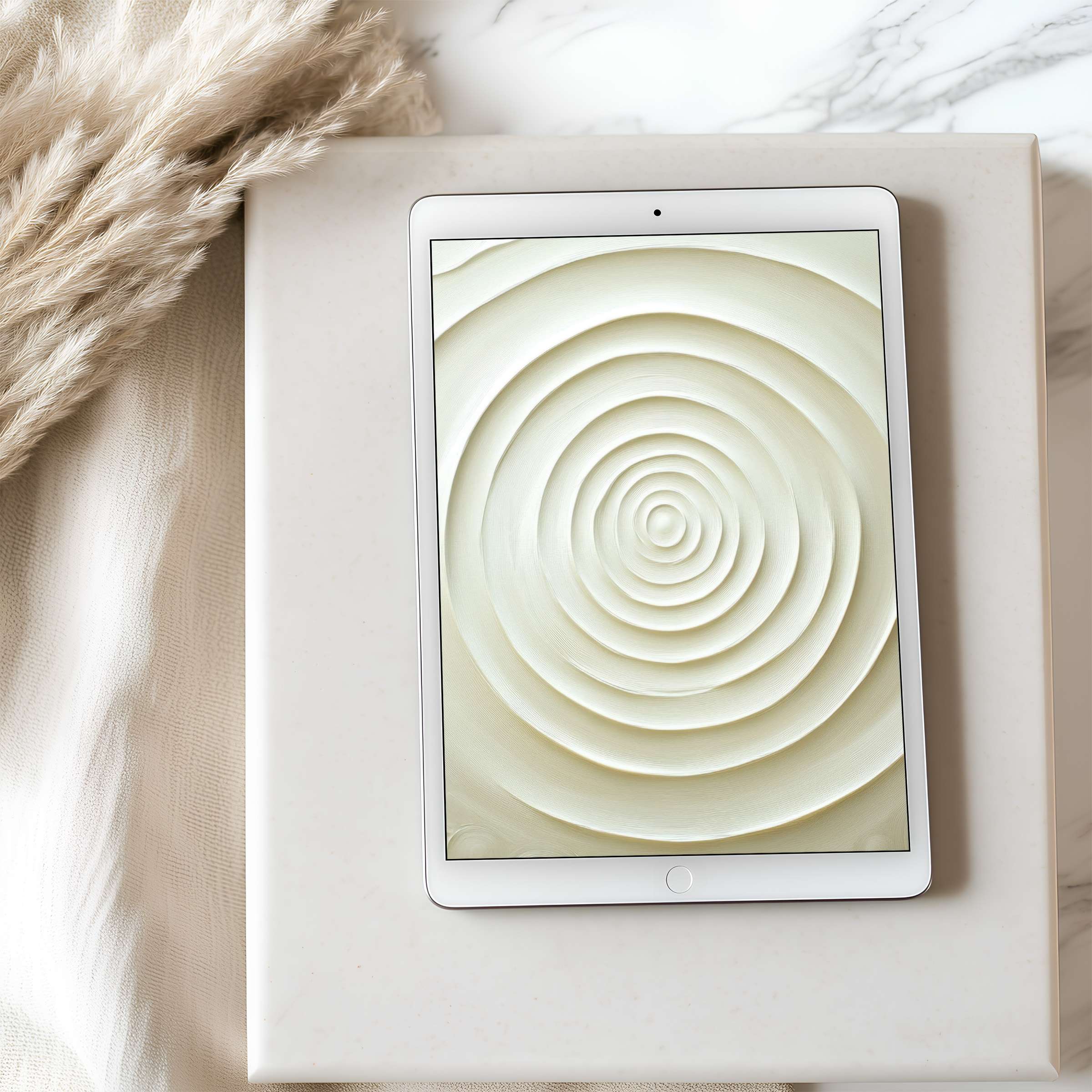 Elegant tablet wallpaper featuring soothing cream concentric circles on an iPad, ideal for creating a calming digital download ambiance