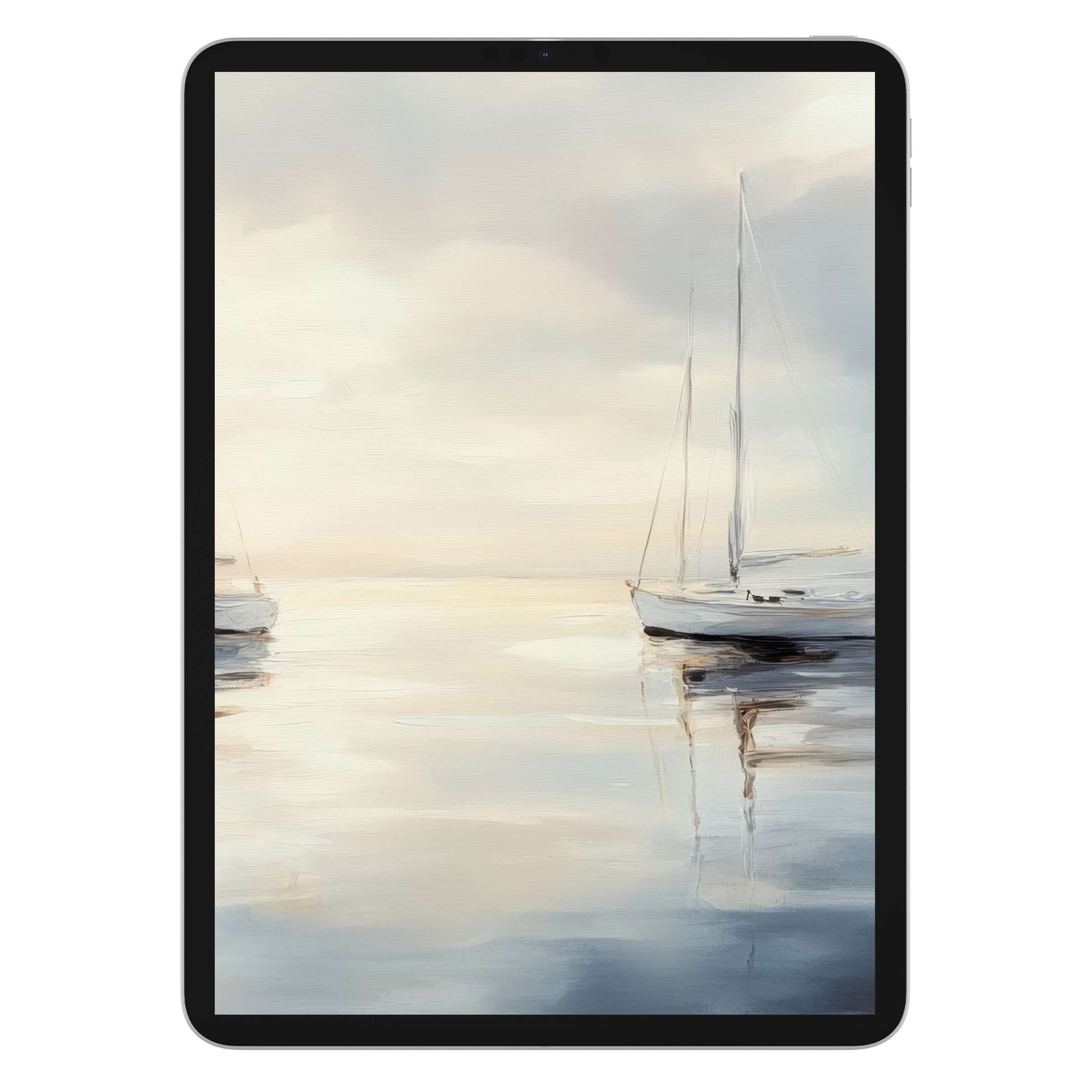 Serene sailboats on a calm sea create a neutral iPad wallpaper for tablet backgrounds, perfect for a soothing digital download ambiance