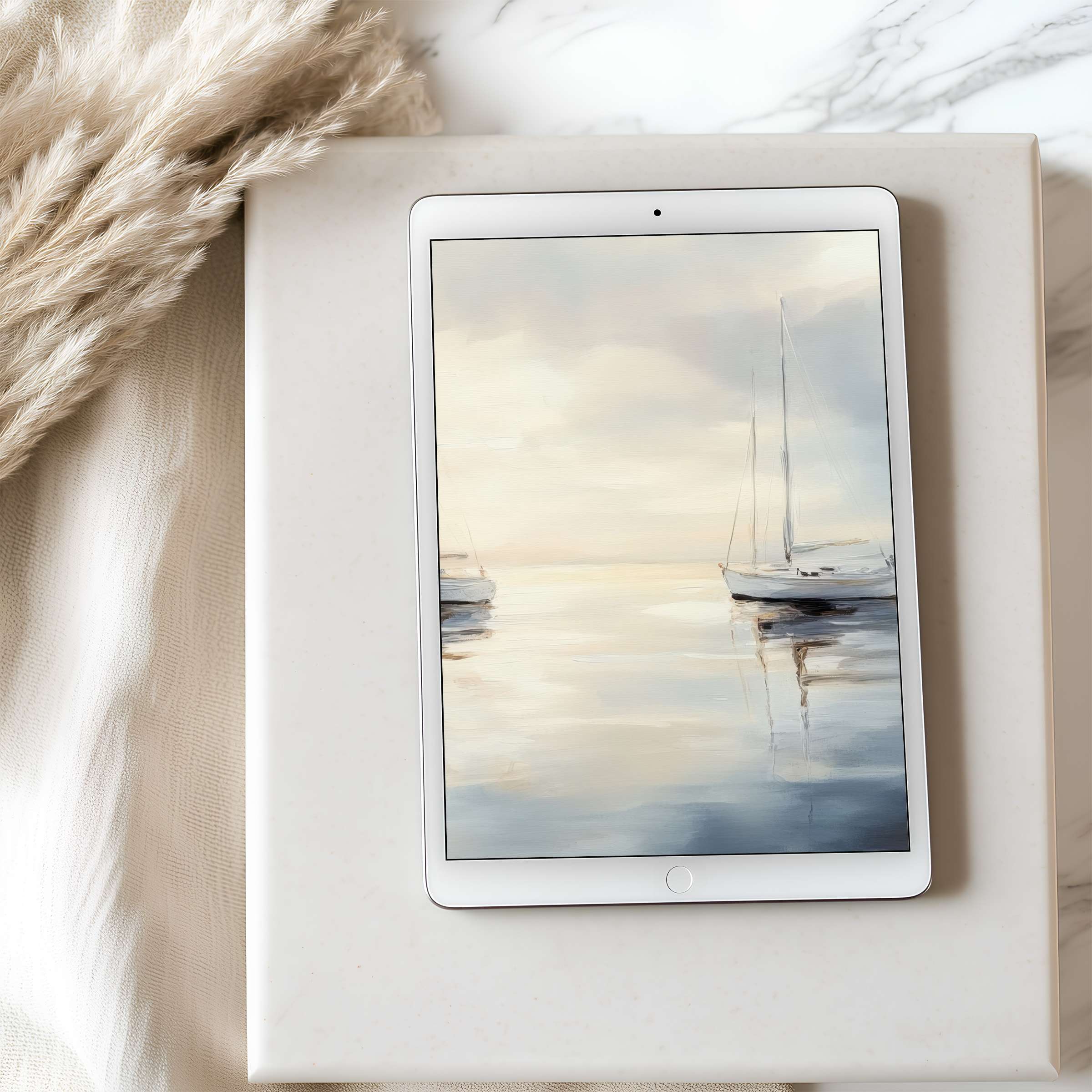 Tranquil sailboat scene in soft tones creates an elegant tablet wallpaper, ideal for high-resolution iPad or Android displays, digital download