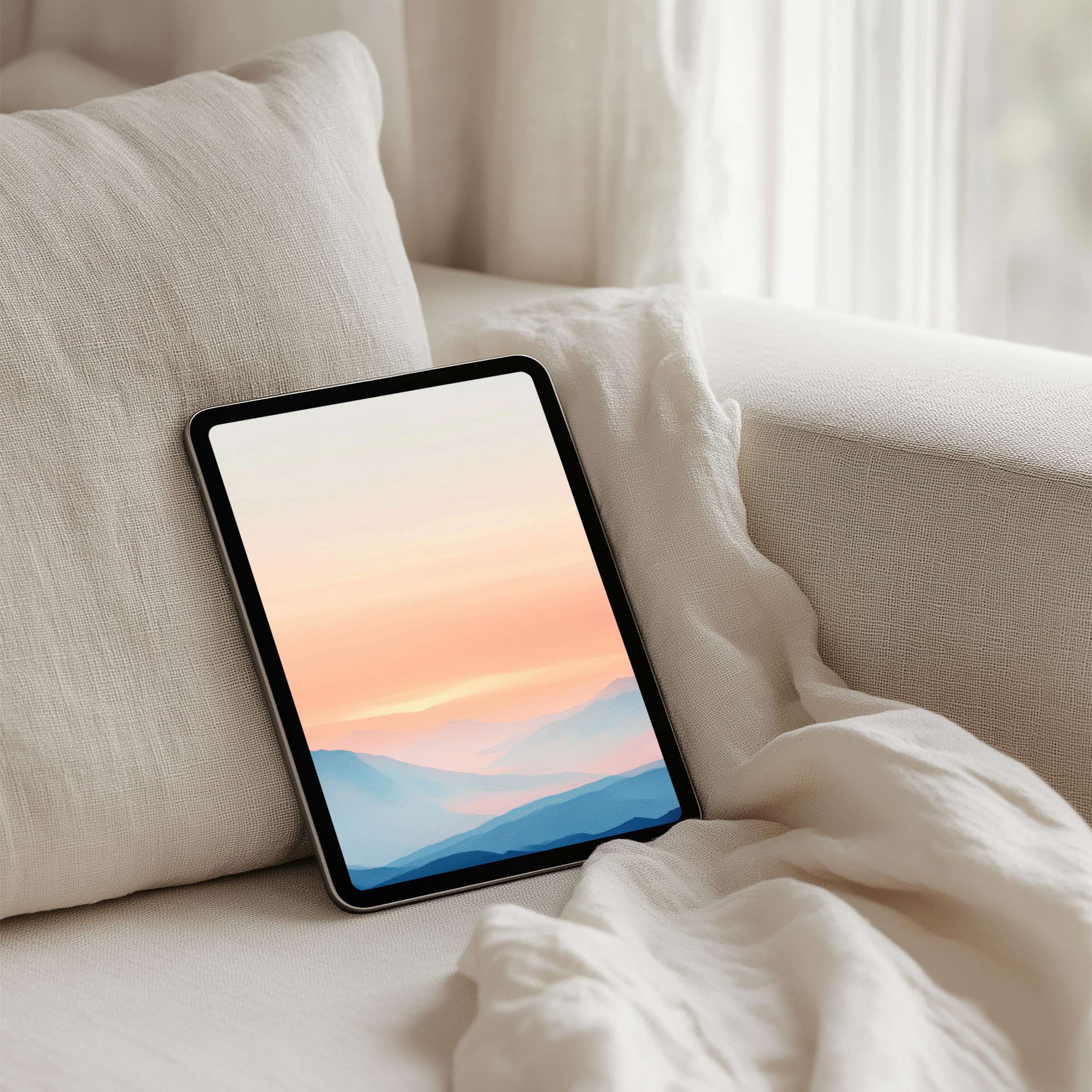 iPad background showcasing serene pastel mountains offers instant download for mindfulness on any tablet enhancing calm and elegance