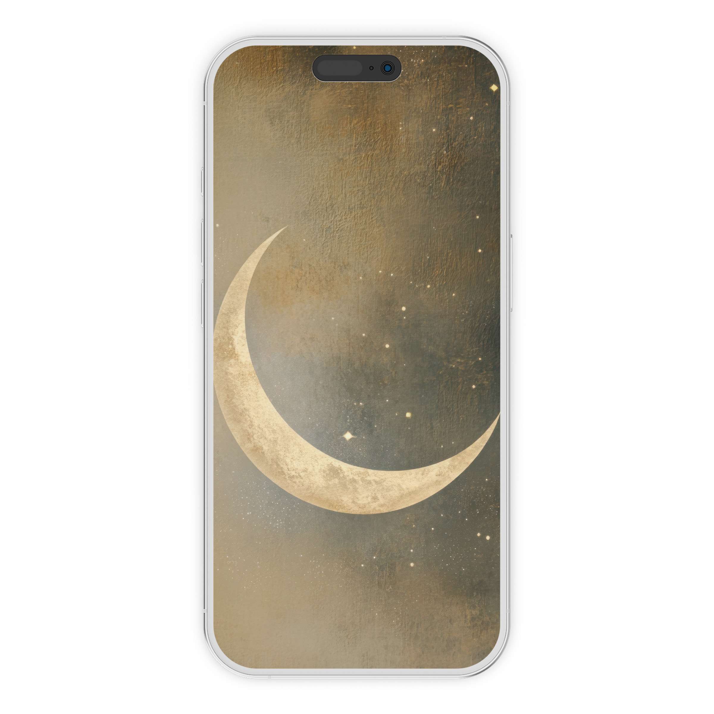 Neutral iPhone wallpaper with a golden crescent moon against a textured twilight sky, perfect phone background for a serene digital download