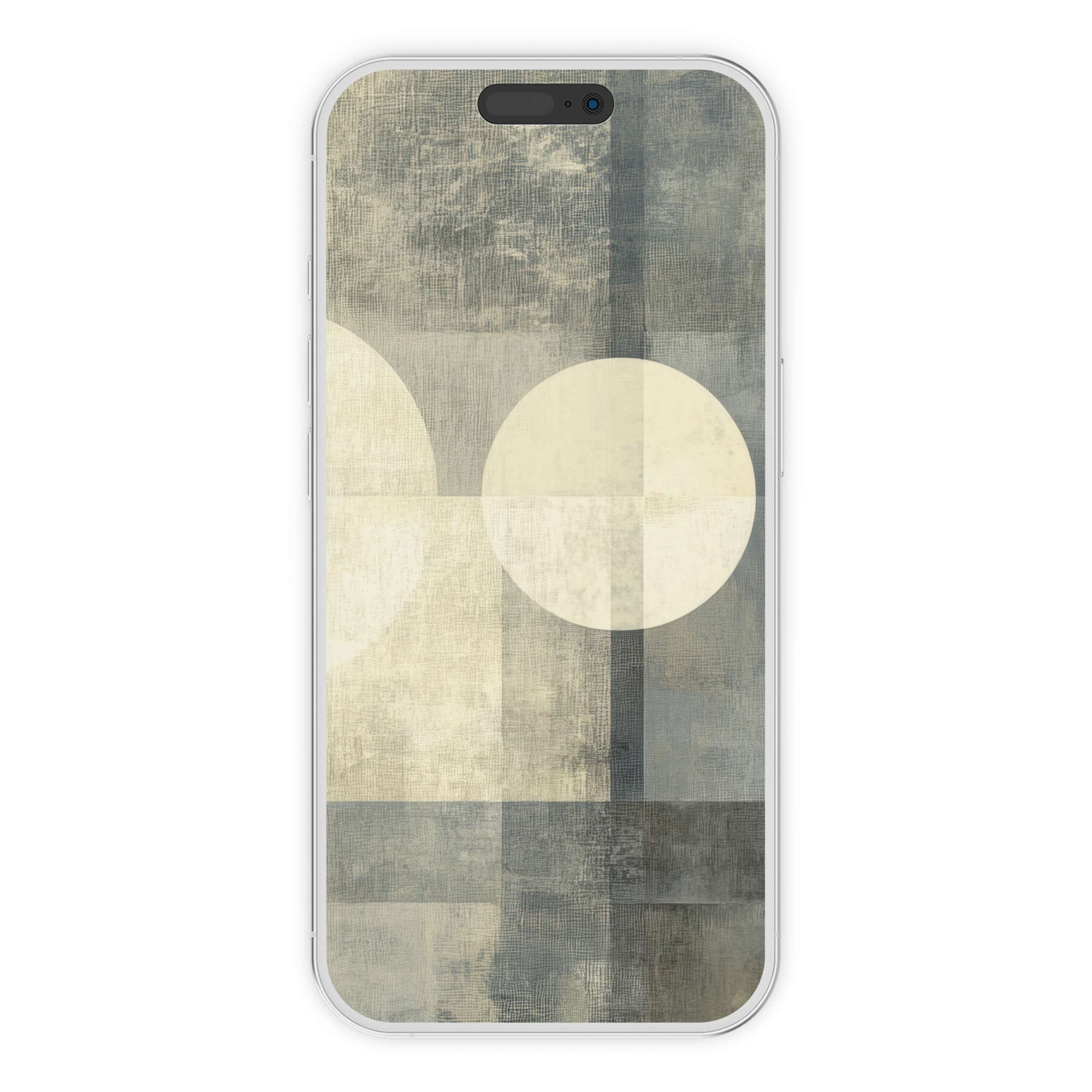 Neutral iPhone wallpaper featuring soft geometric patterns in soothing greys and whites, offering a calm phone background digital download