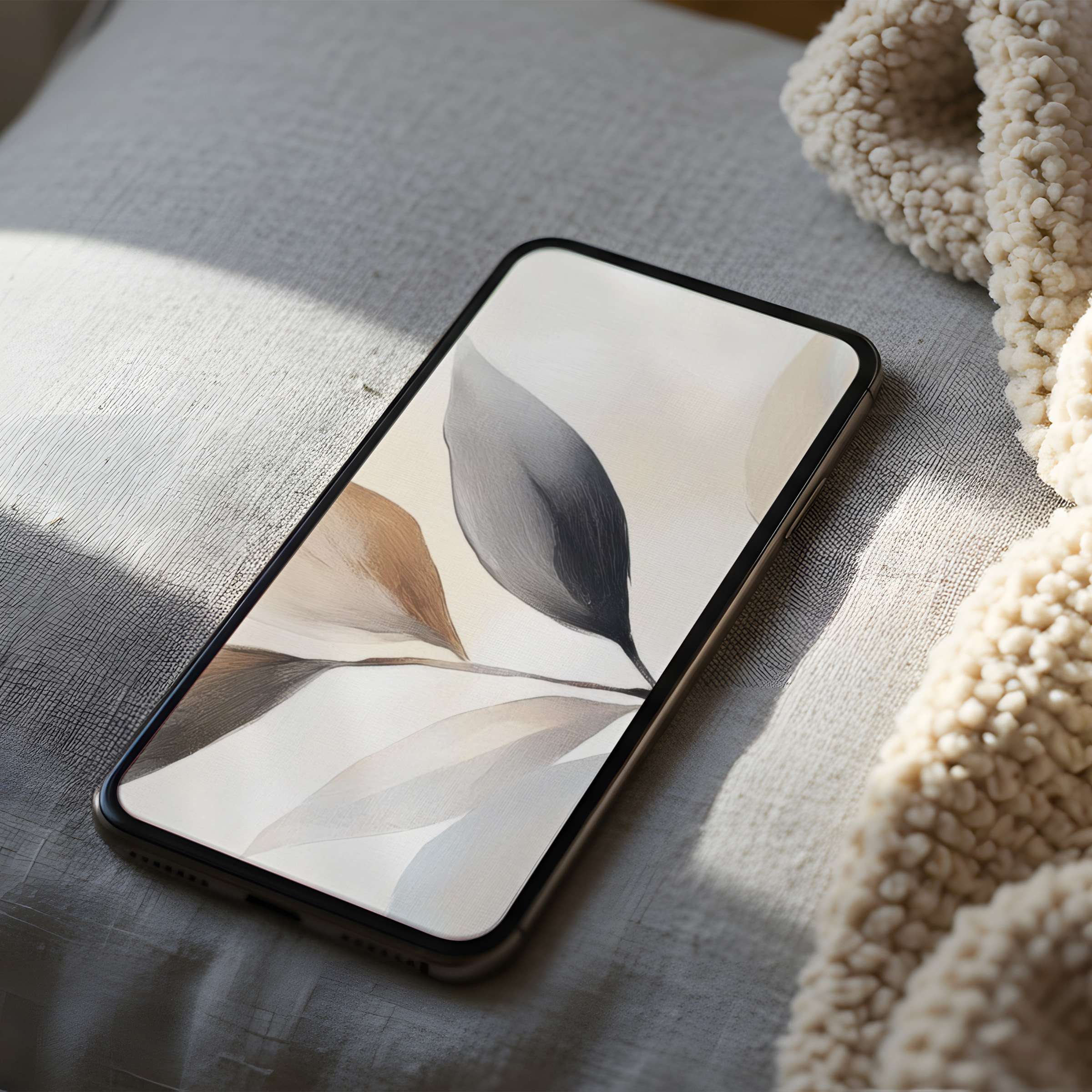 Elegant phone wallpaper with soft neutral leaf design in high resolution, perfect for iPhone and android digital download users