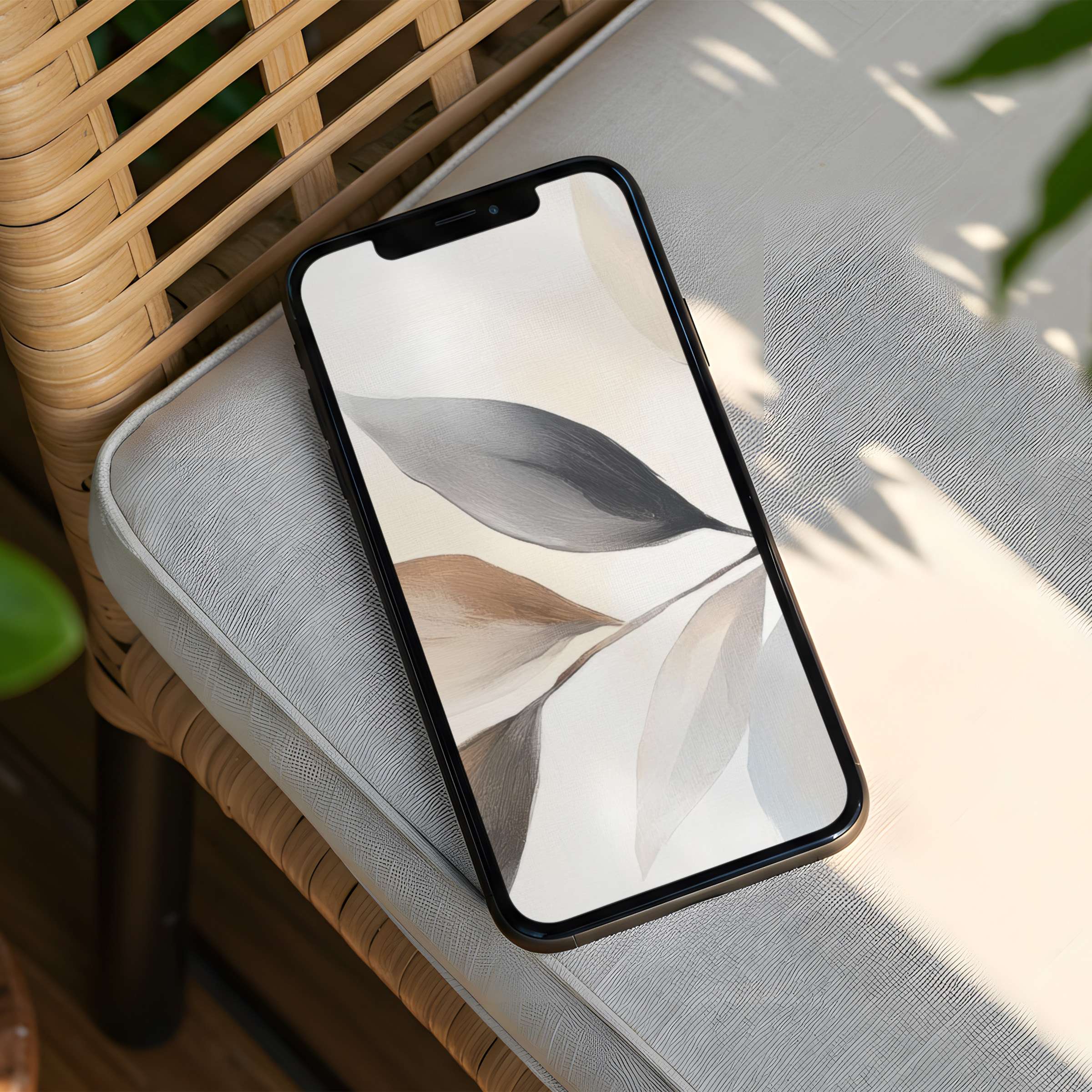 Elegant watercolor leaves on neutral tones create a calming iPhone background for instant download inspiring mindfulness on your phone