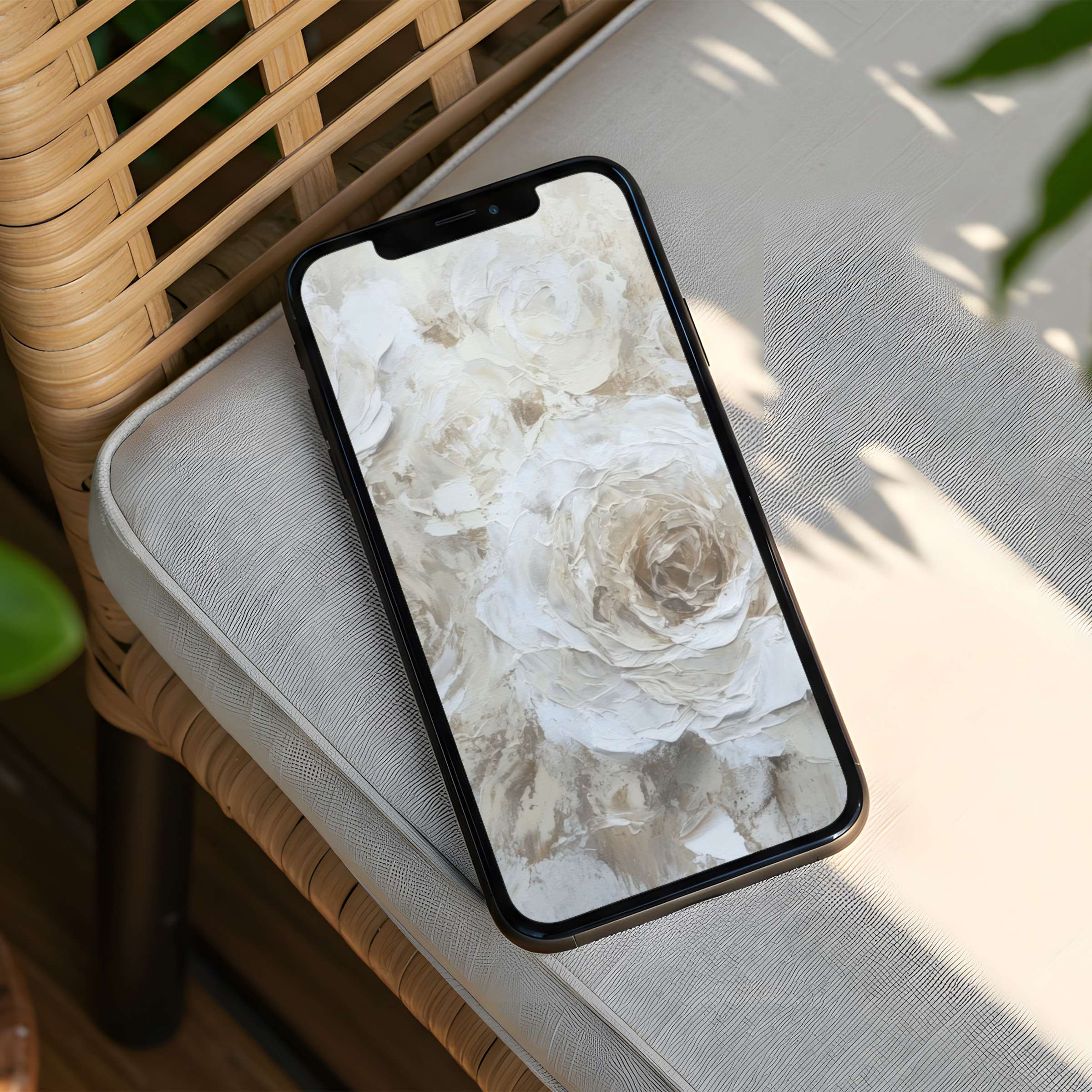 Elegant floral iPhone background with soft beige and white textures offers calm inspiration for any phone instant download