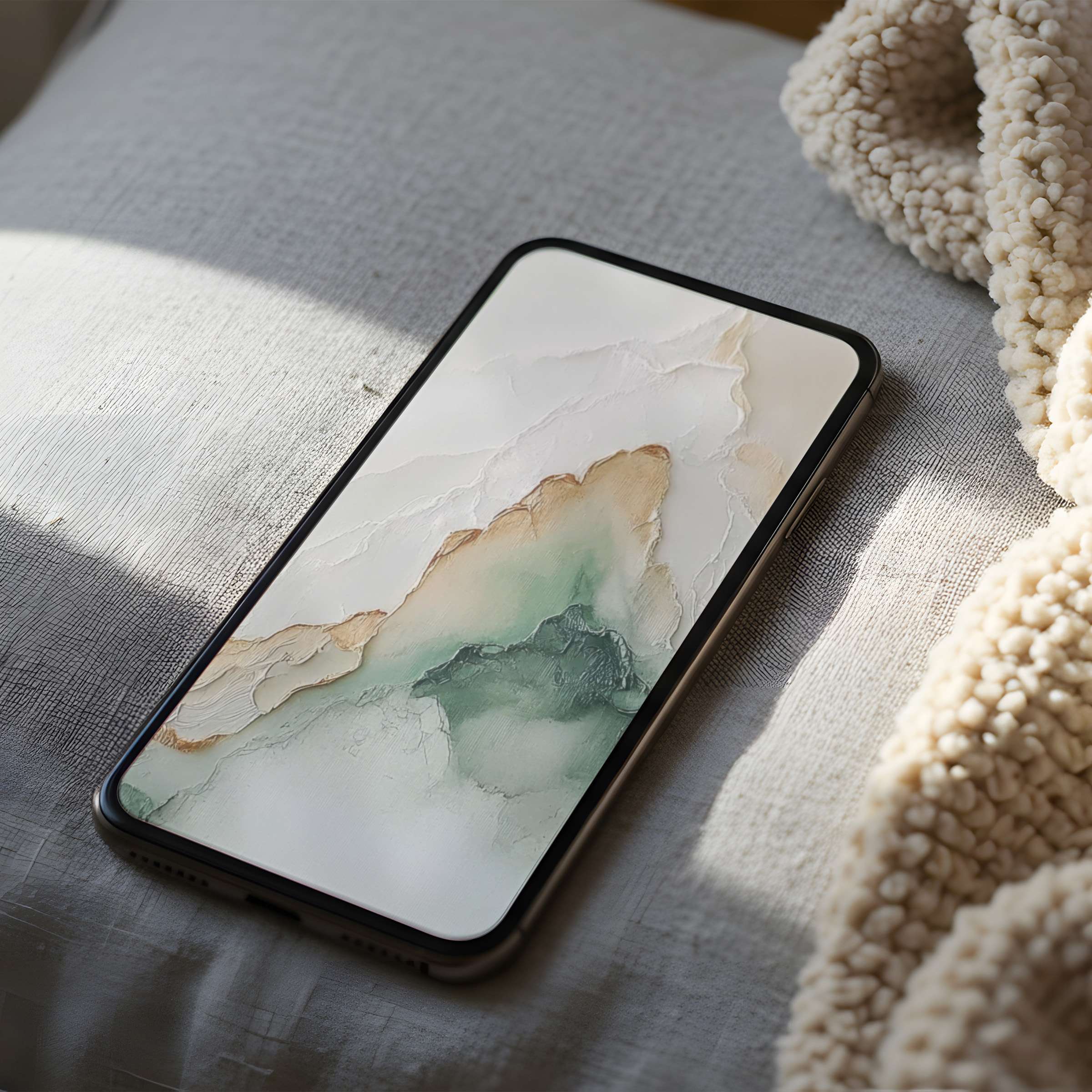 Elevate your space with this serene phone wallpaper featuring elegant watercolor textures in green and beige, suitable for iPhone and Android