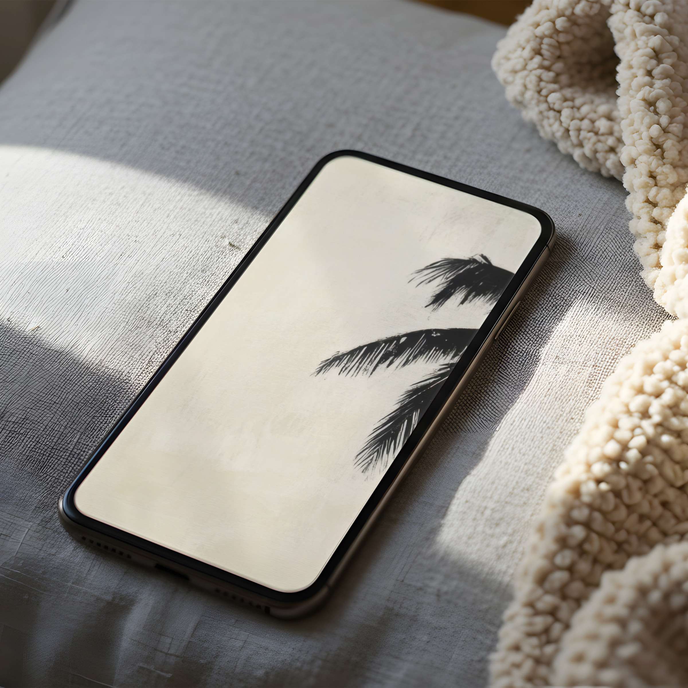 Elegant phone wallpaper featuring minimalist palm silhouette in soothing neutral tones, perfect for iPhone and Android, high resolution download