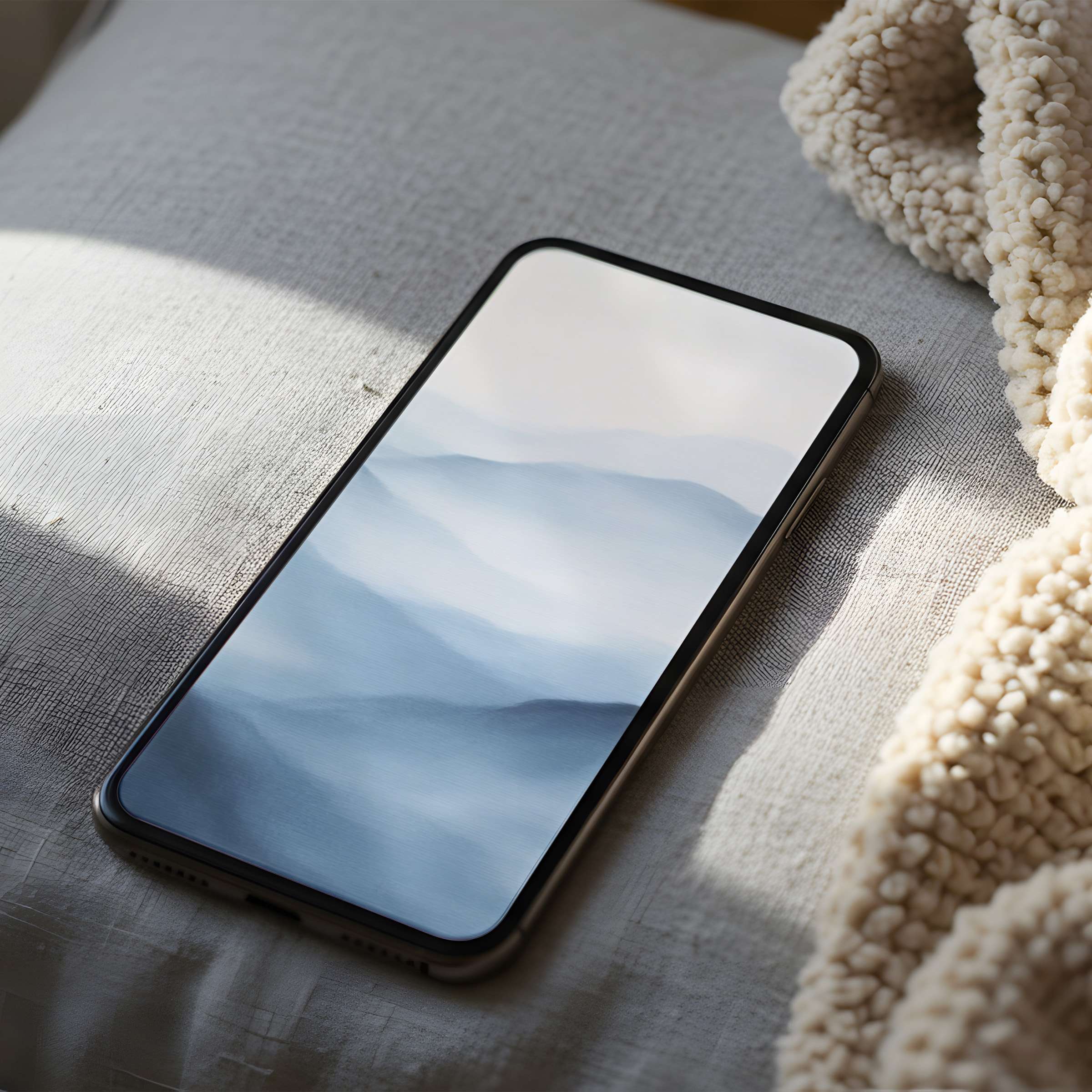 Calming blue abstract phone wallpaper in high resolution on iPhone screen rests on cozy fabric perfect for digital download