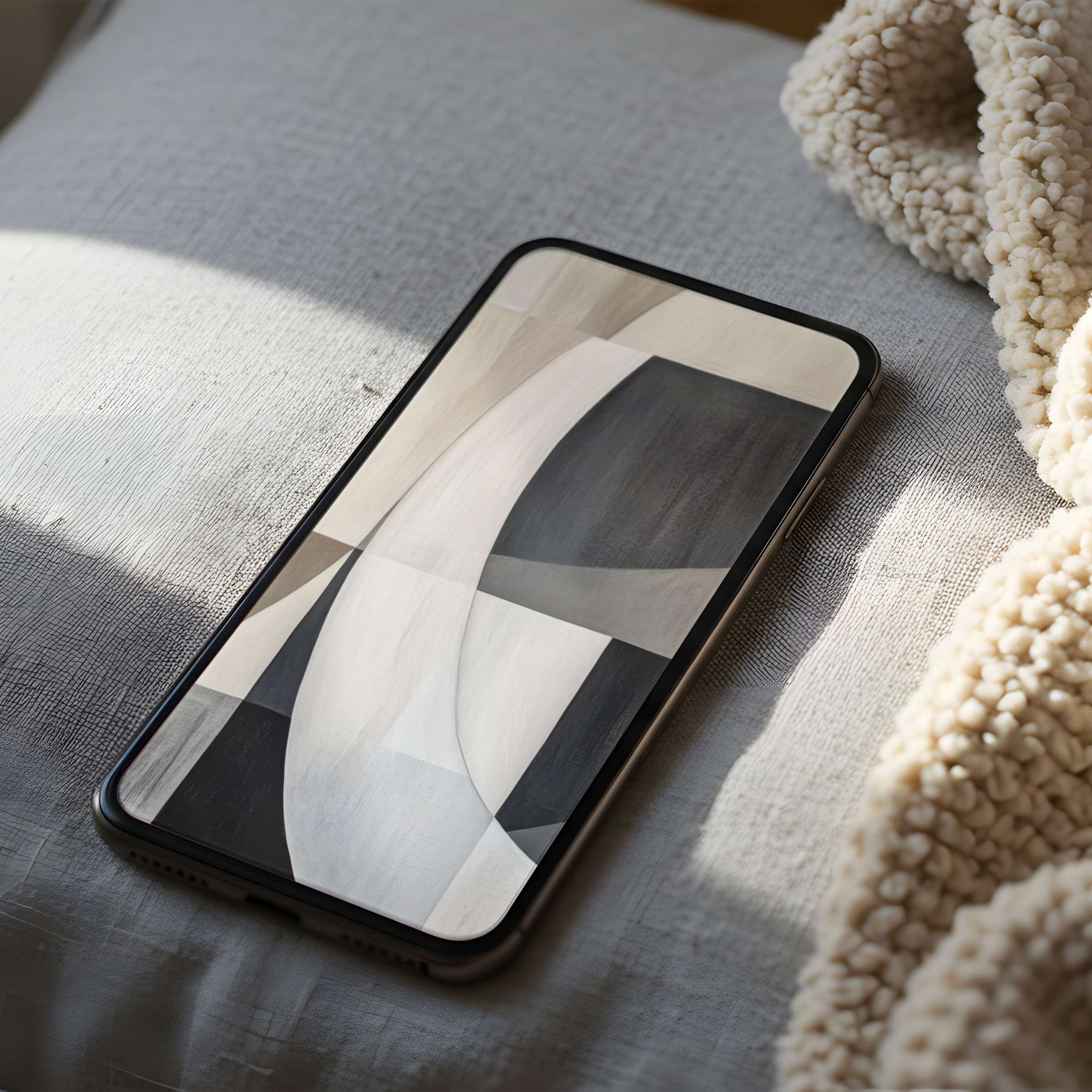 Elegant abstract phone wallpaper in soothing beige and black tones, ideal for high resolution iPhone and Android digital download